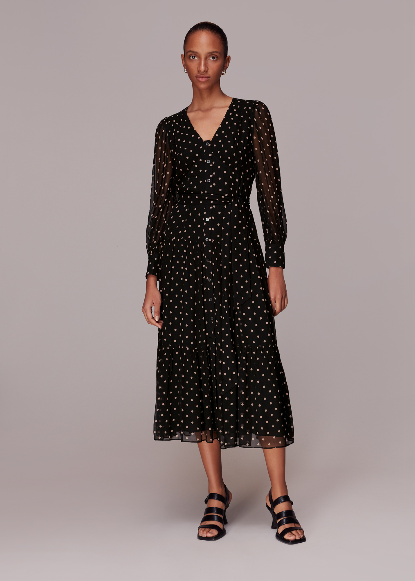 Whistles Women's Black/Multi Spot Textured Midi Dress Size 6
