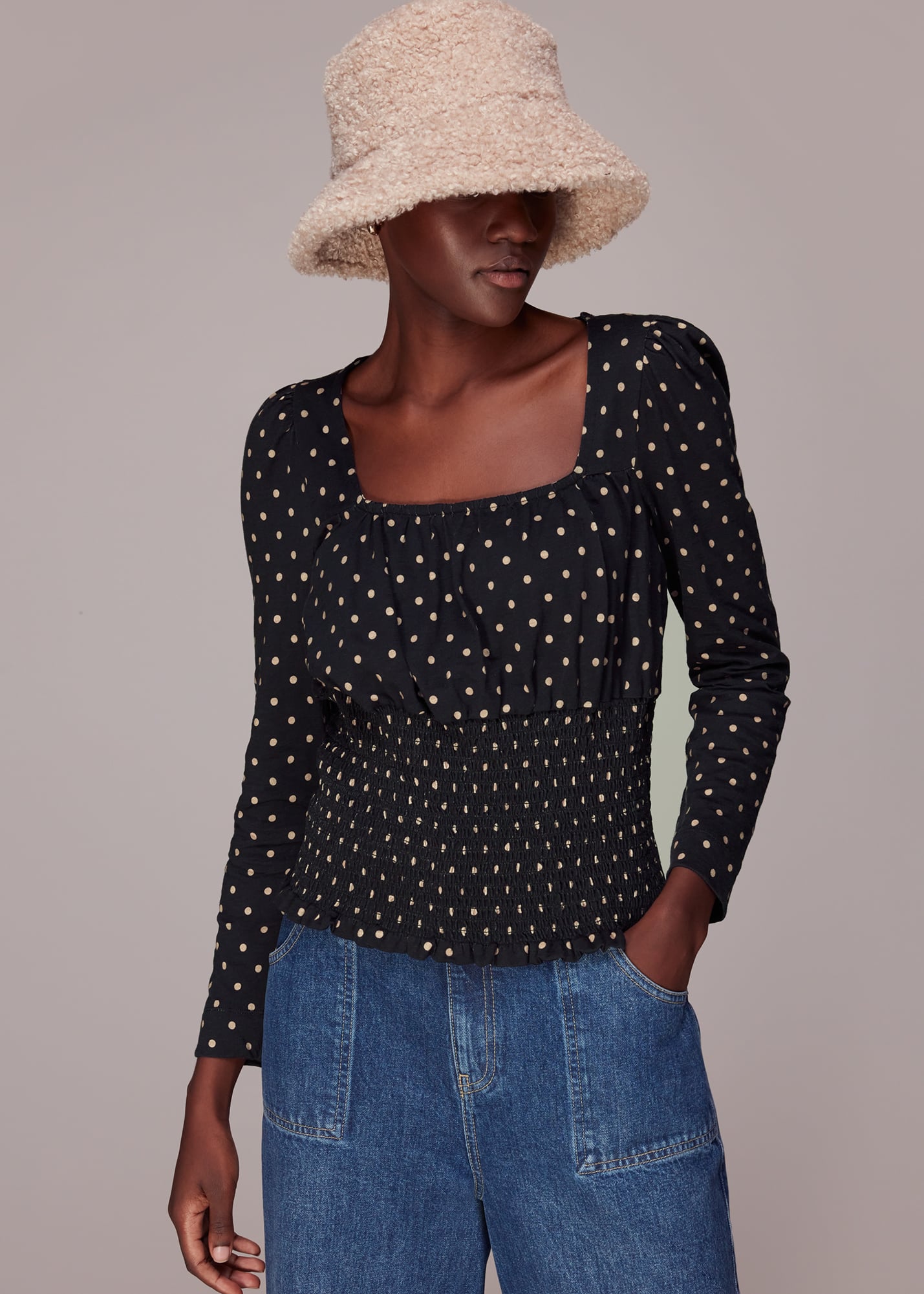 Whistles Women's Black/Multi Spot Square Neck Shirred Top Size XS