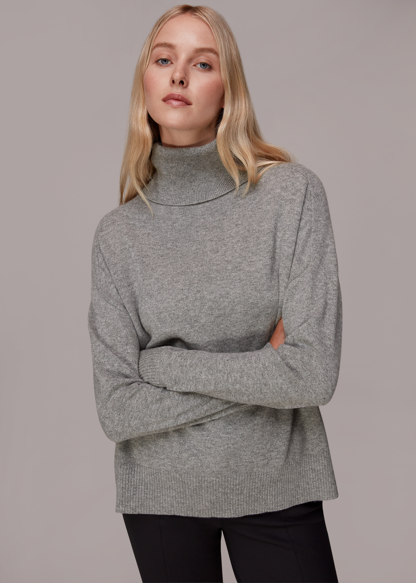Whistles Women's Grey Cashmere Roll Neck Jumper Size L