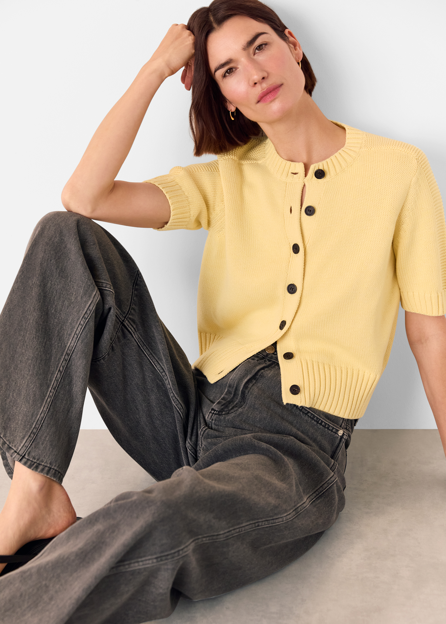 Whistles Women's Yellow Short Sleeve Button Cardigan Size XL