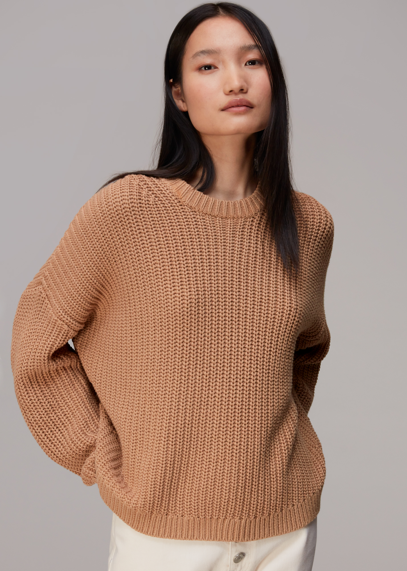 Whistles Women's Camel Pria Cotton Knitted Crew Size S