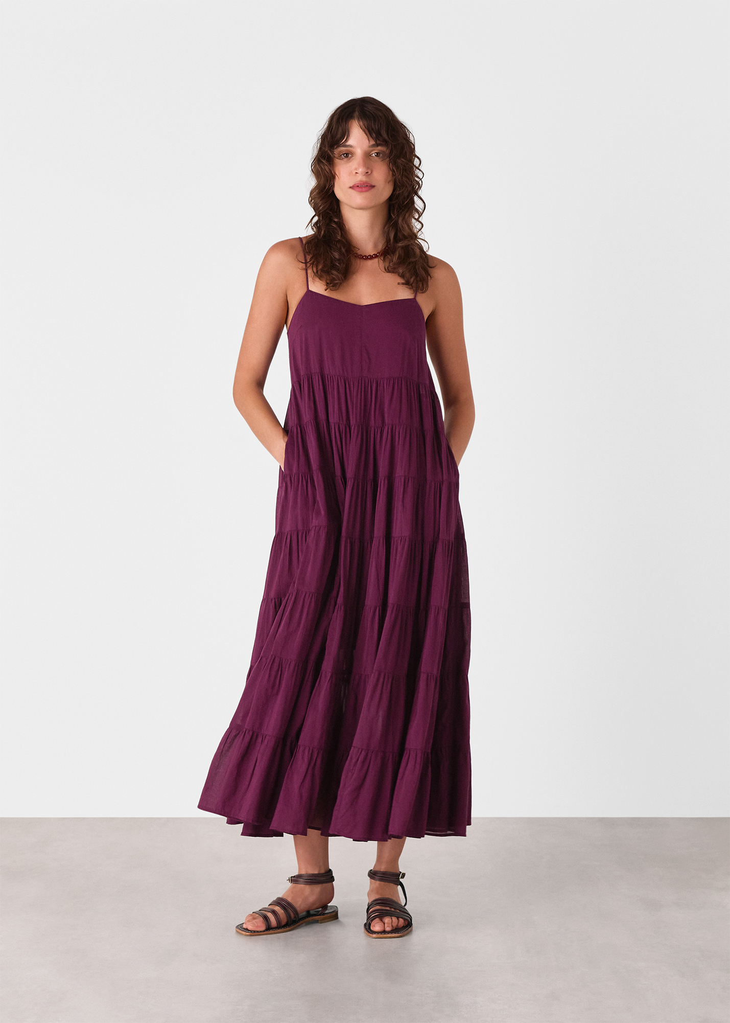Whistles Women's Plum Cotton Tiered Maxi Sun Dress Size 4