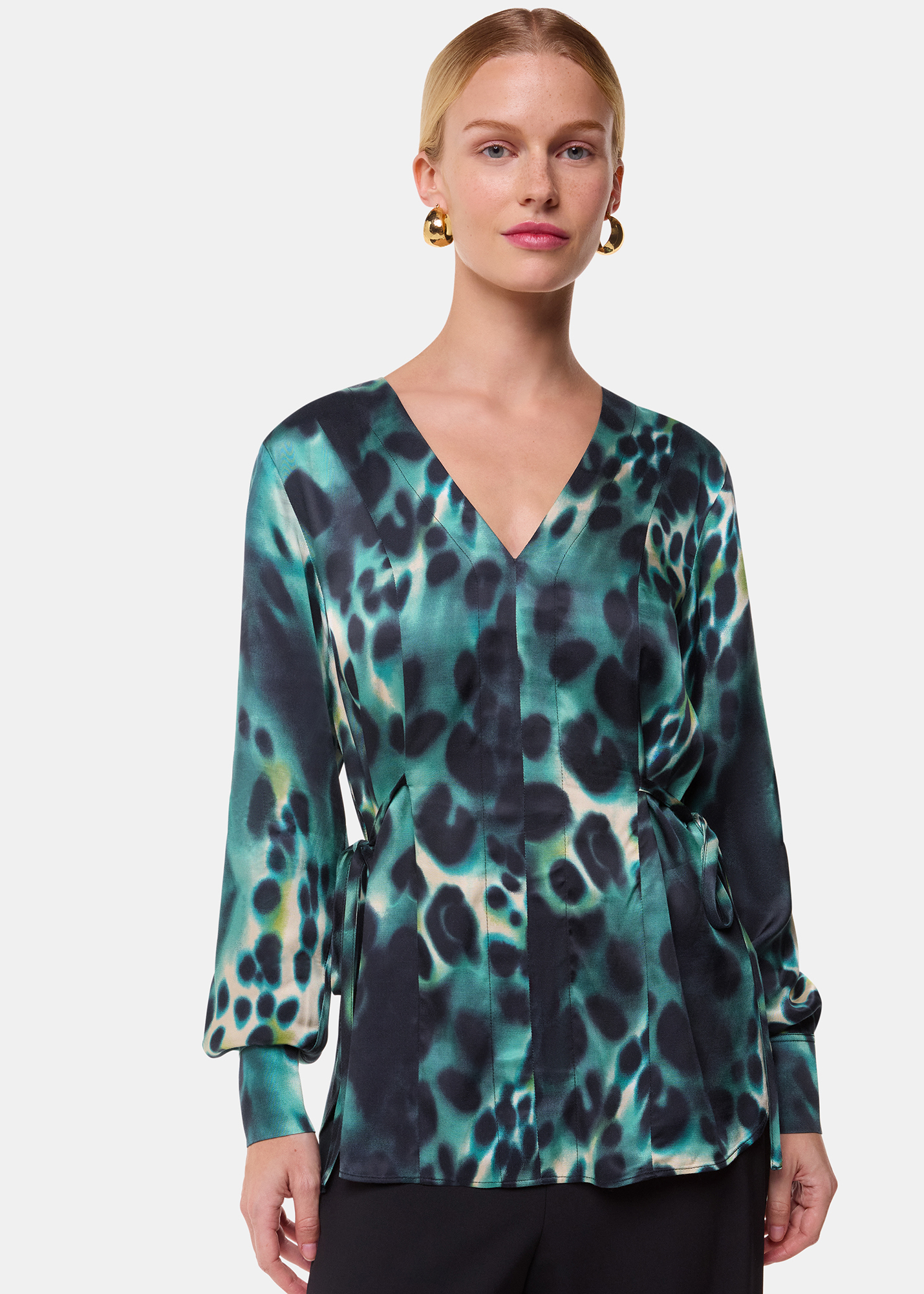 Whistles Women's Green/Multi Misty Leopard V Neck Blouse Size 18