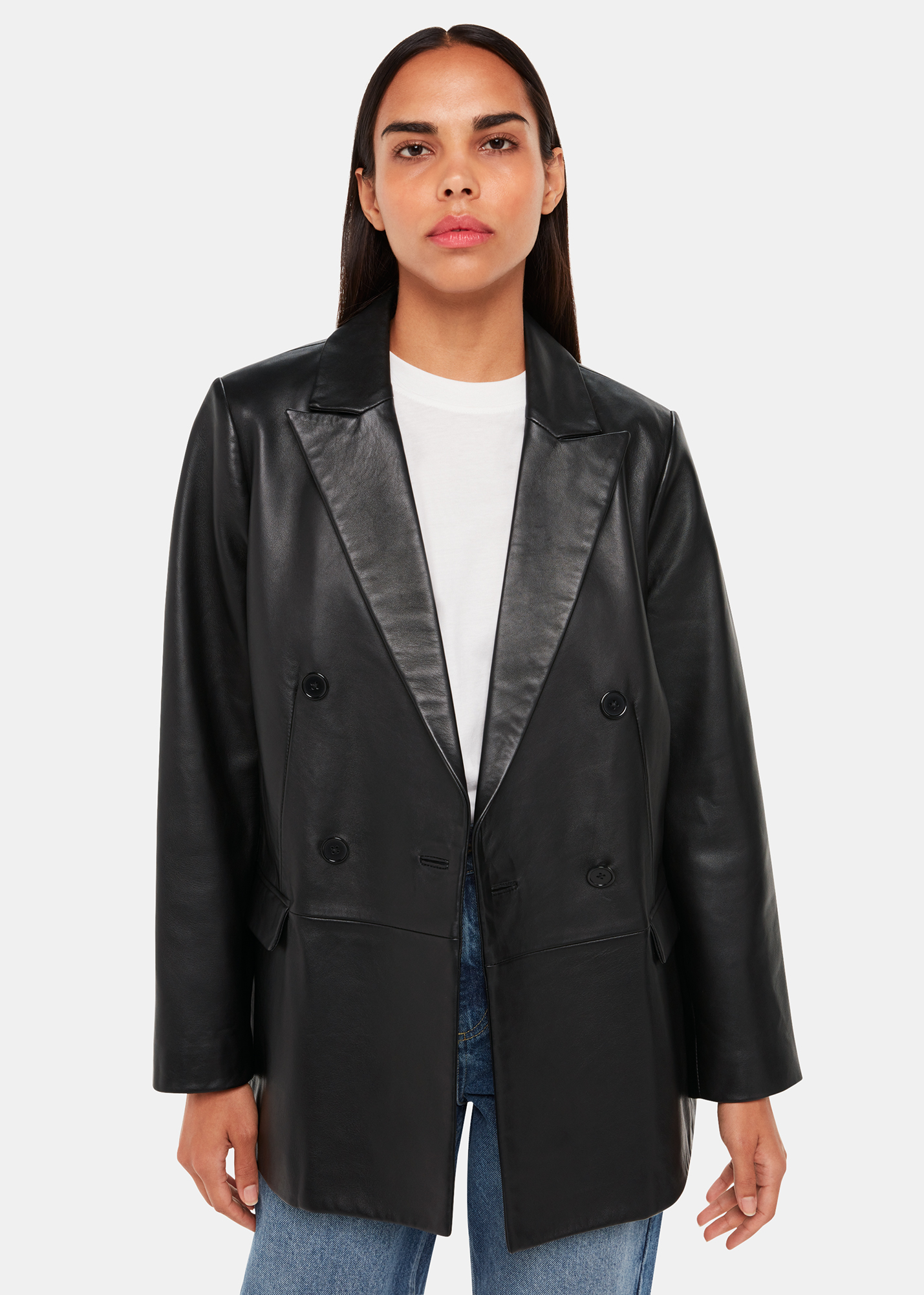 Whistles Women's Black Aliza Waisted Leather Blazer Size 6