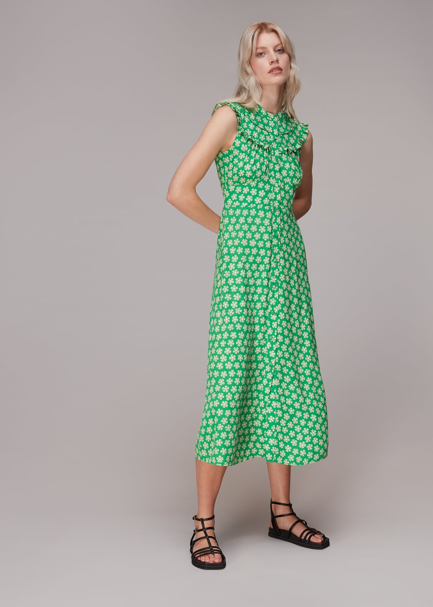 Whistles Women's Green/Multi Daisy Check Frill Midi Dress Size 6