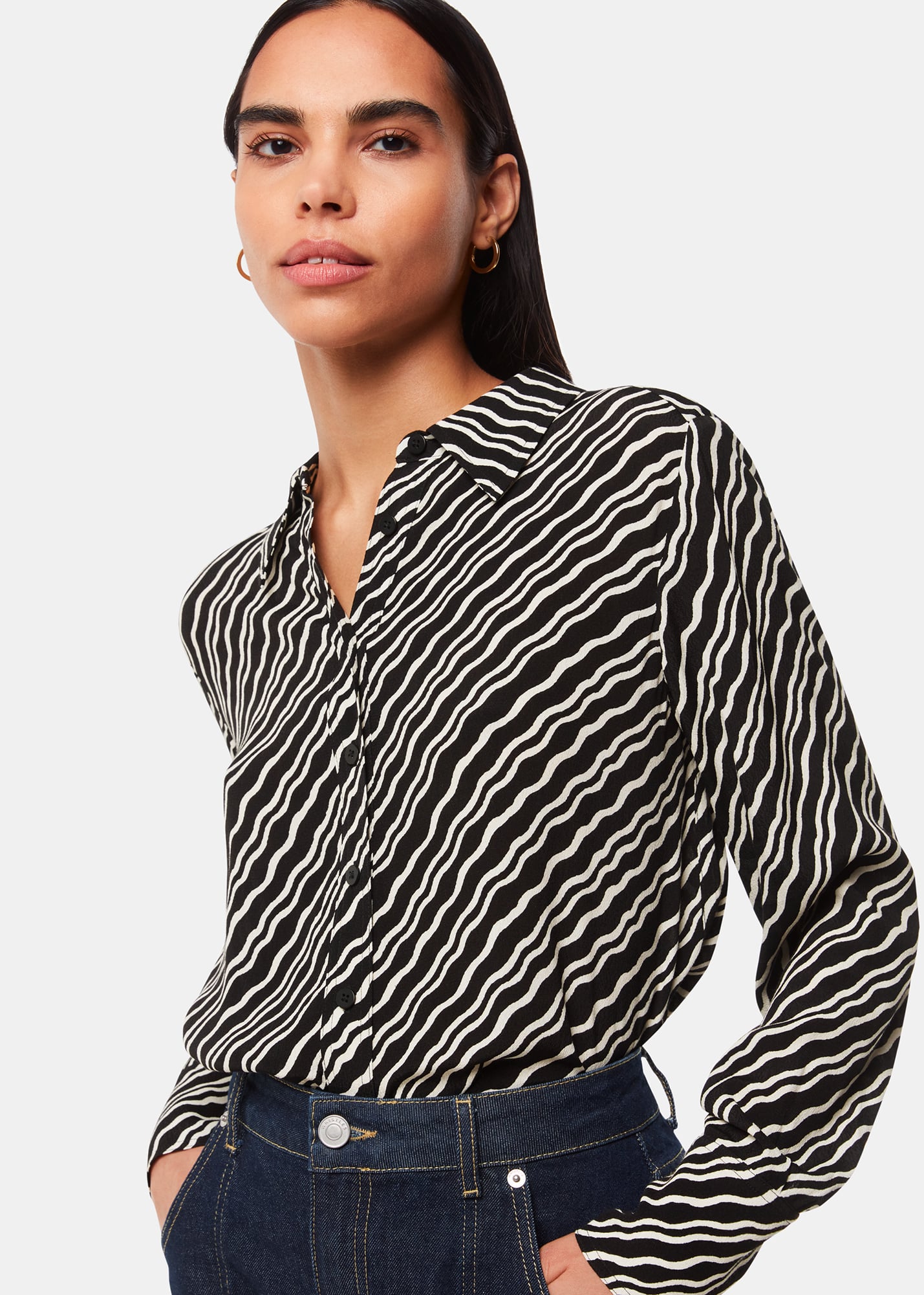 Whistles Women's Black/Multi Diagonal Ripple Print Shirt Size 8