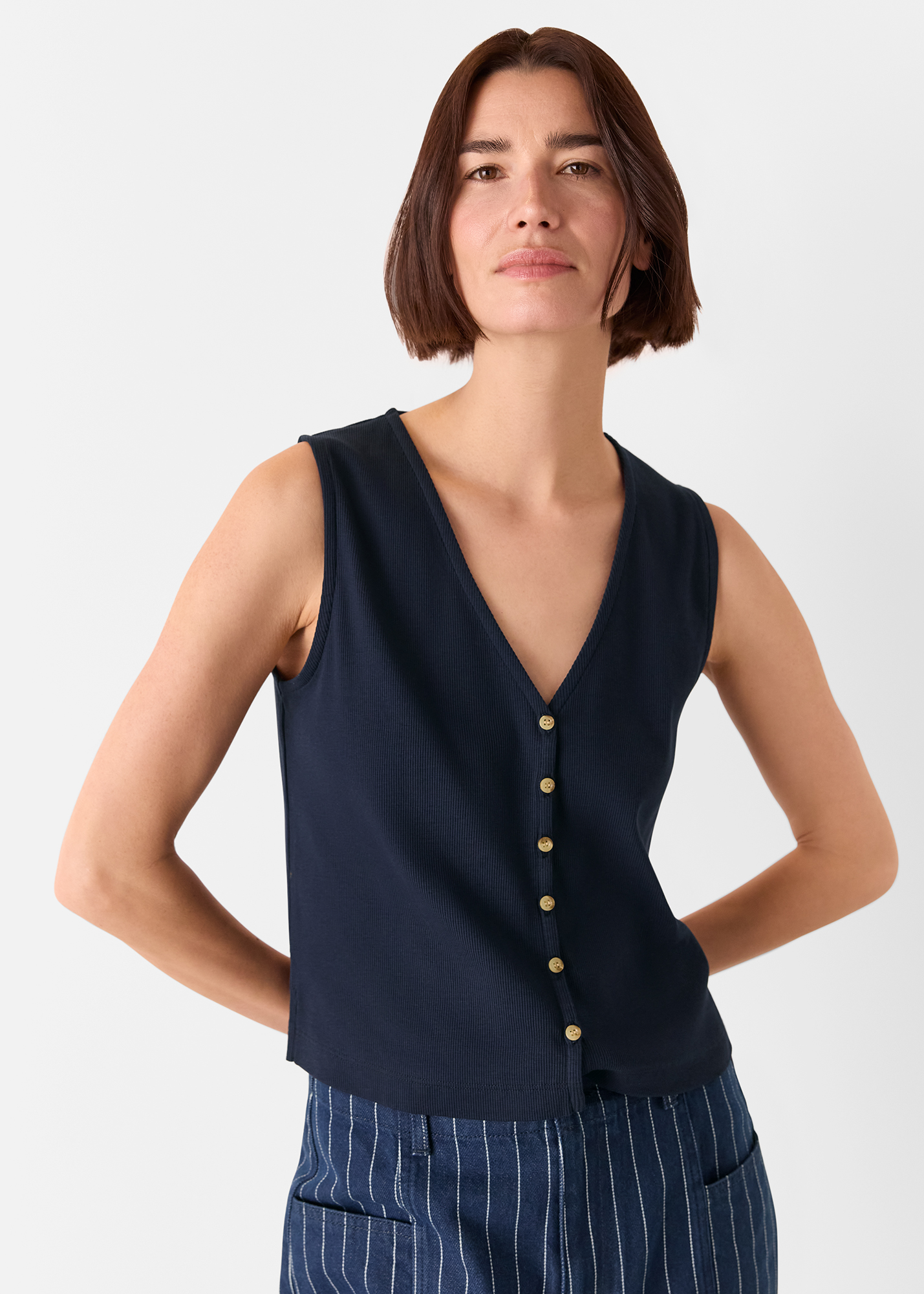 Whistles Women's Navy Button Rib Tank Size M