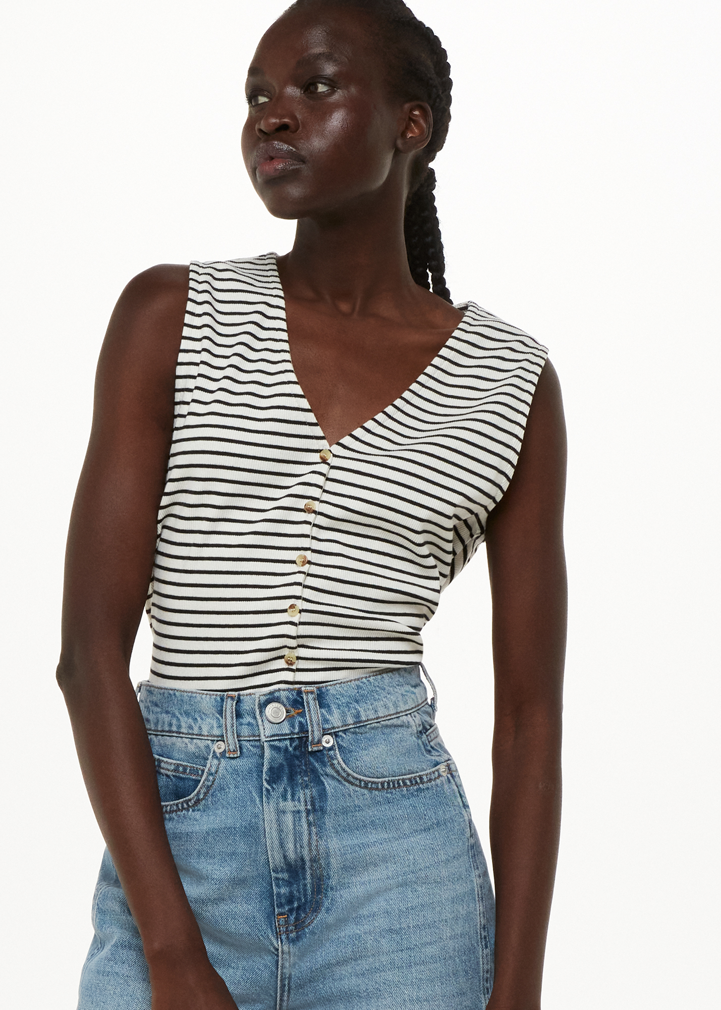 Whistles Women's Ivory/Multi Button Up Stripe Rib Tank Size M