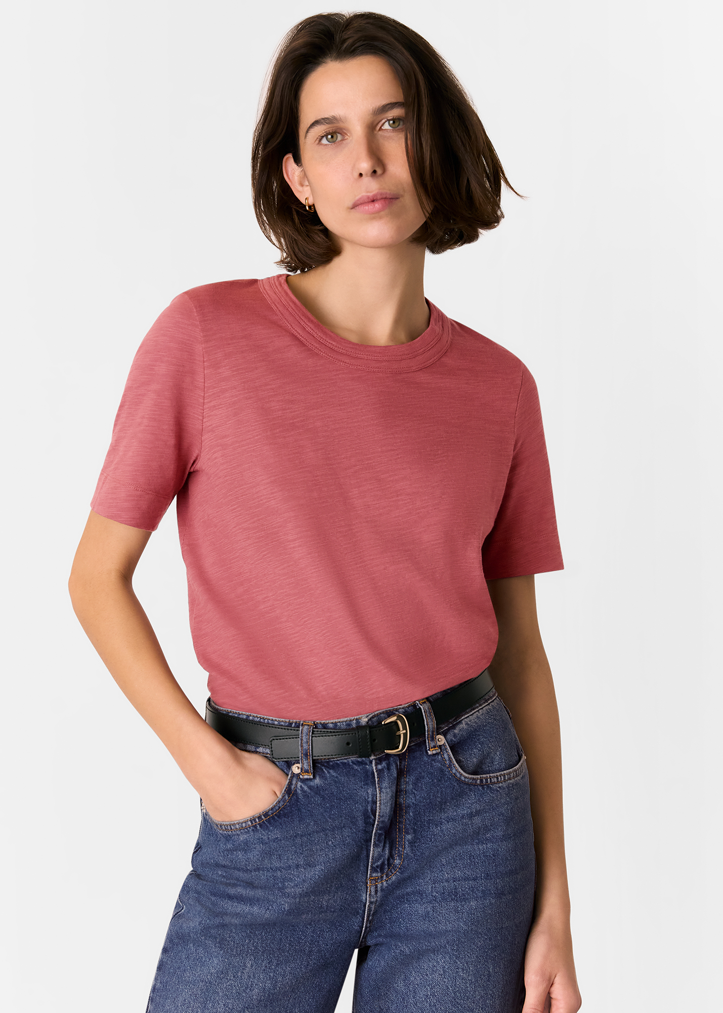 Whistles Women's Dark Pink Rosa Double Trim T-Shirt Size XS