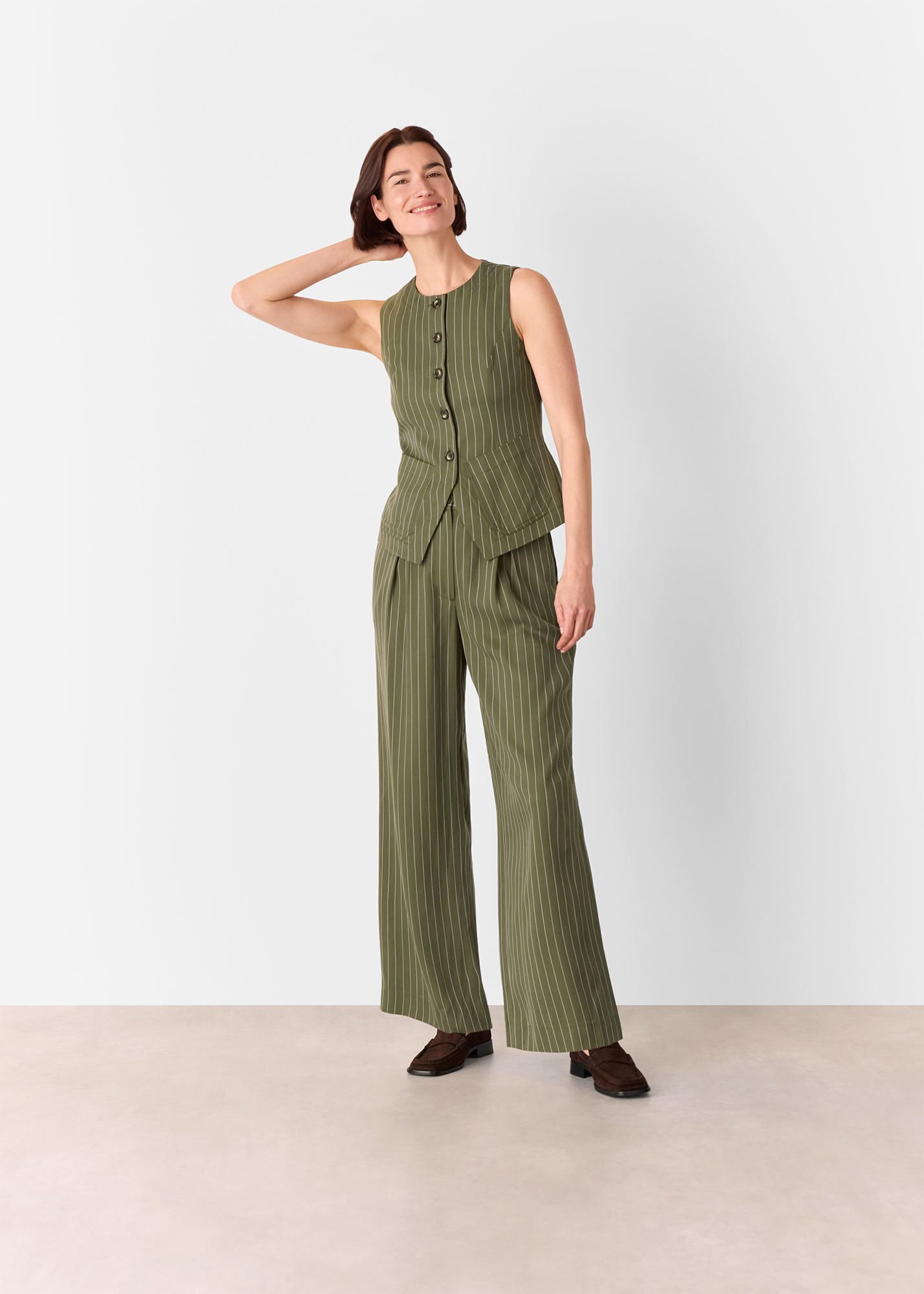 Whistles Women's Khaki/Multi Lottie Pinstripe Waistcoat Size 12
