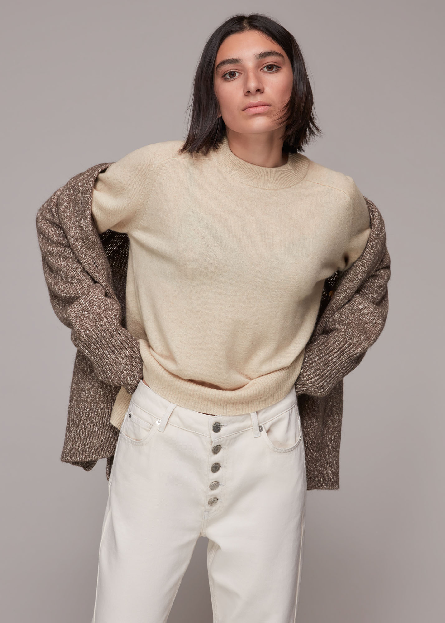 Whistles Women's Ivory Cashmere Crew Neck Jumper Size L
