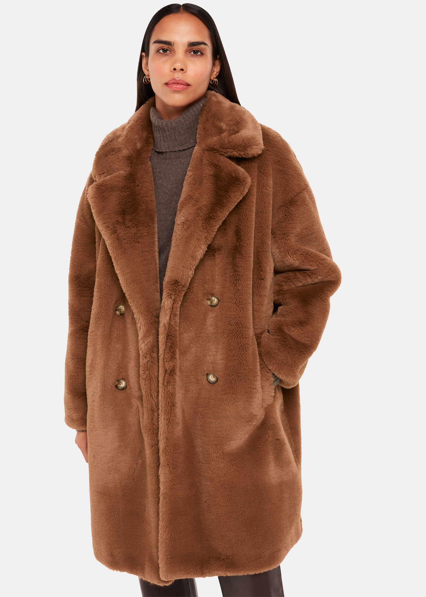 Whistles Women's Brown Teddy Faux Fur Coat Size L
