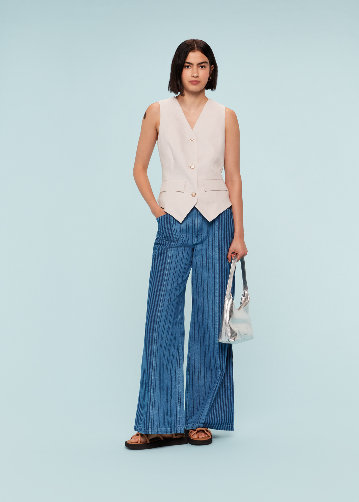 Whistles Women's Denim Patchwork Vertical Stripe Jean Size 4