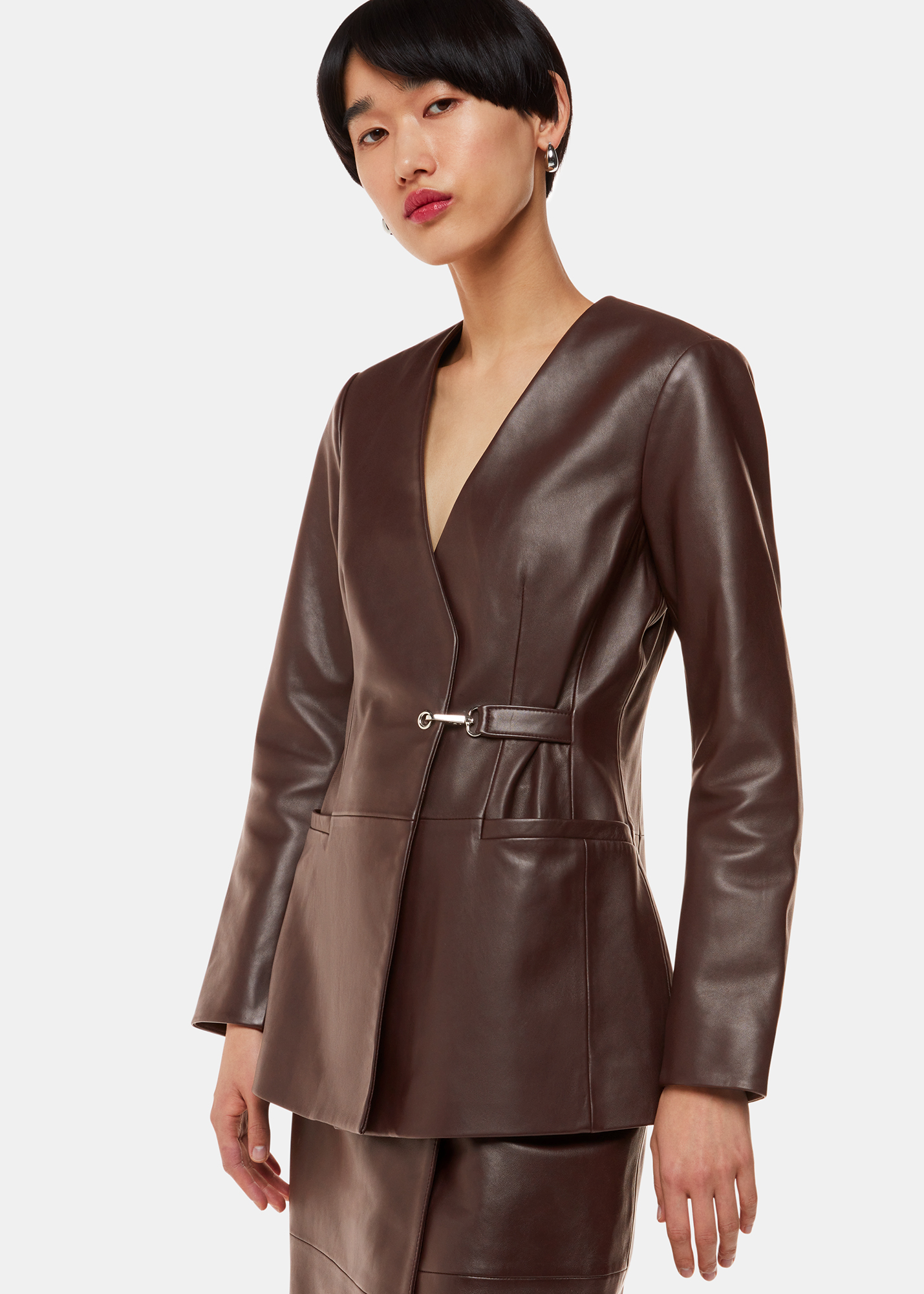 Whistles Women's Chocolate Josie Wrap Leather Blazer Size 20