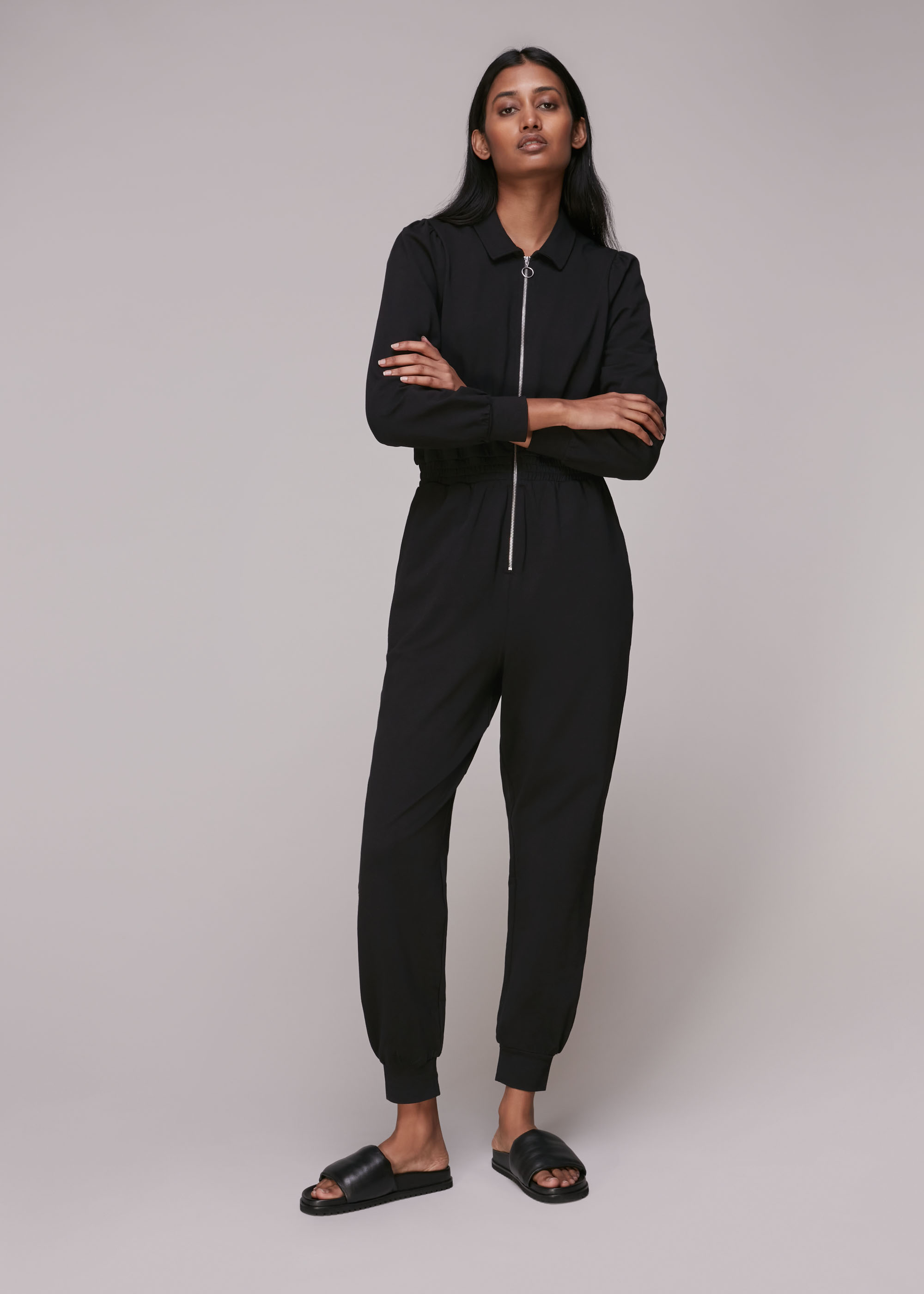 Whistles Women's Black Jersey Zip Front Jumpsuit Size 4
