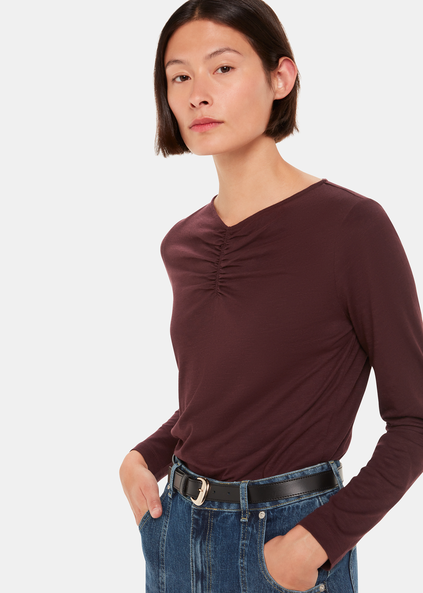 Whistles Women's Burgundy High V Neck Ruched Top Size 6