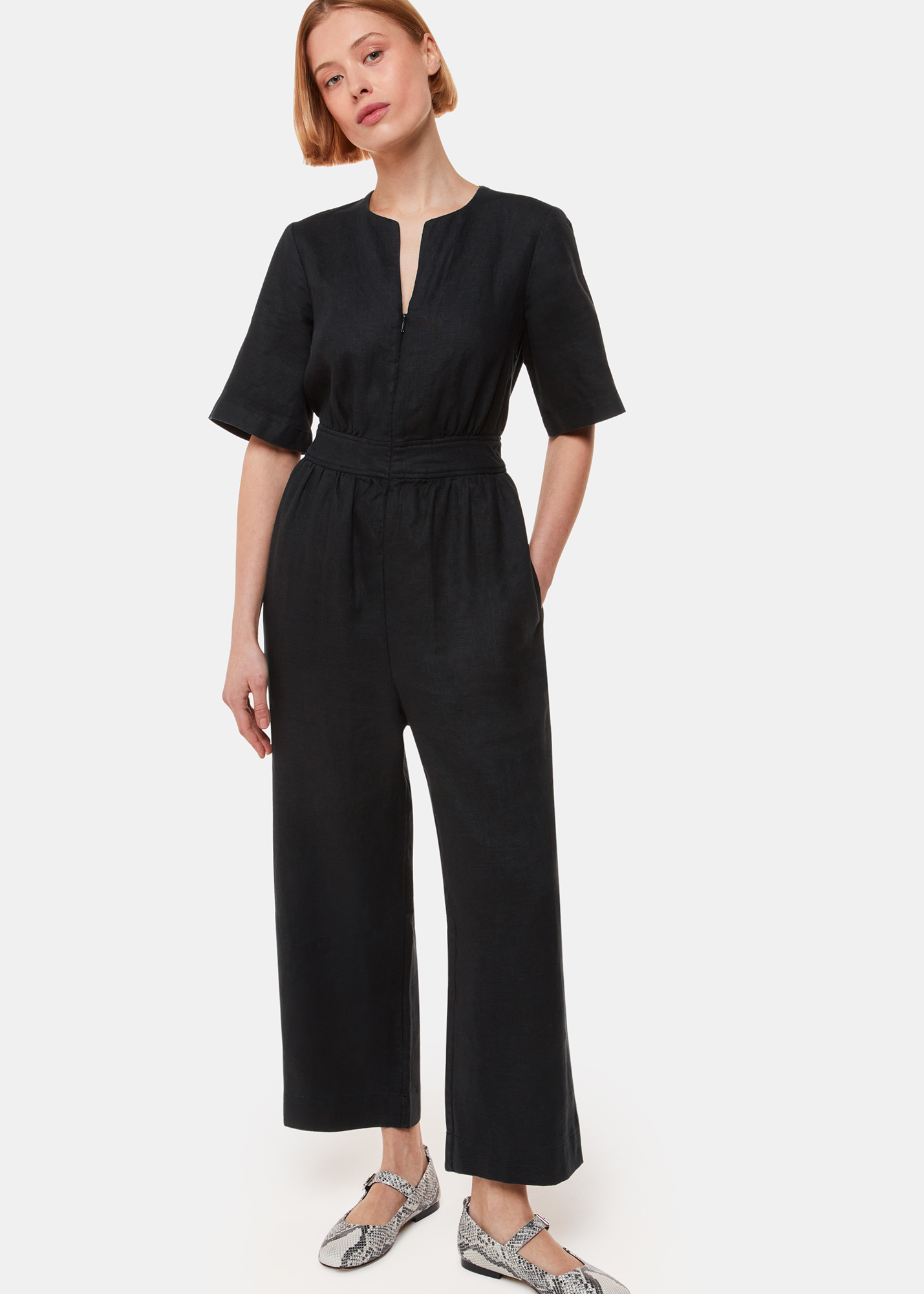 Whistles Women's Black Cosima Linen Jumpsuit Size 8