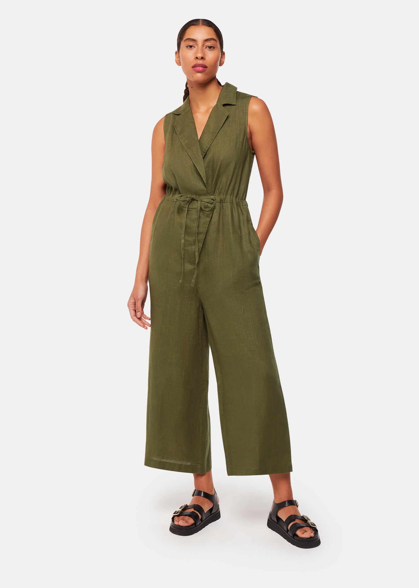 Whistles Women's Khaki Bella Linen Wrap Jumpsuit Size 18