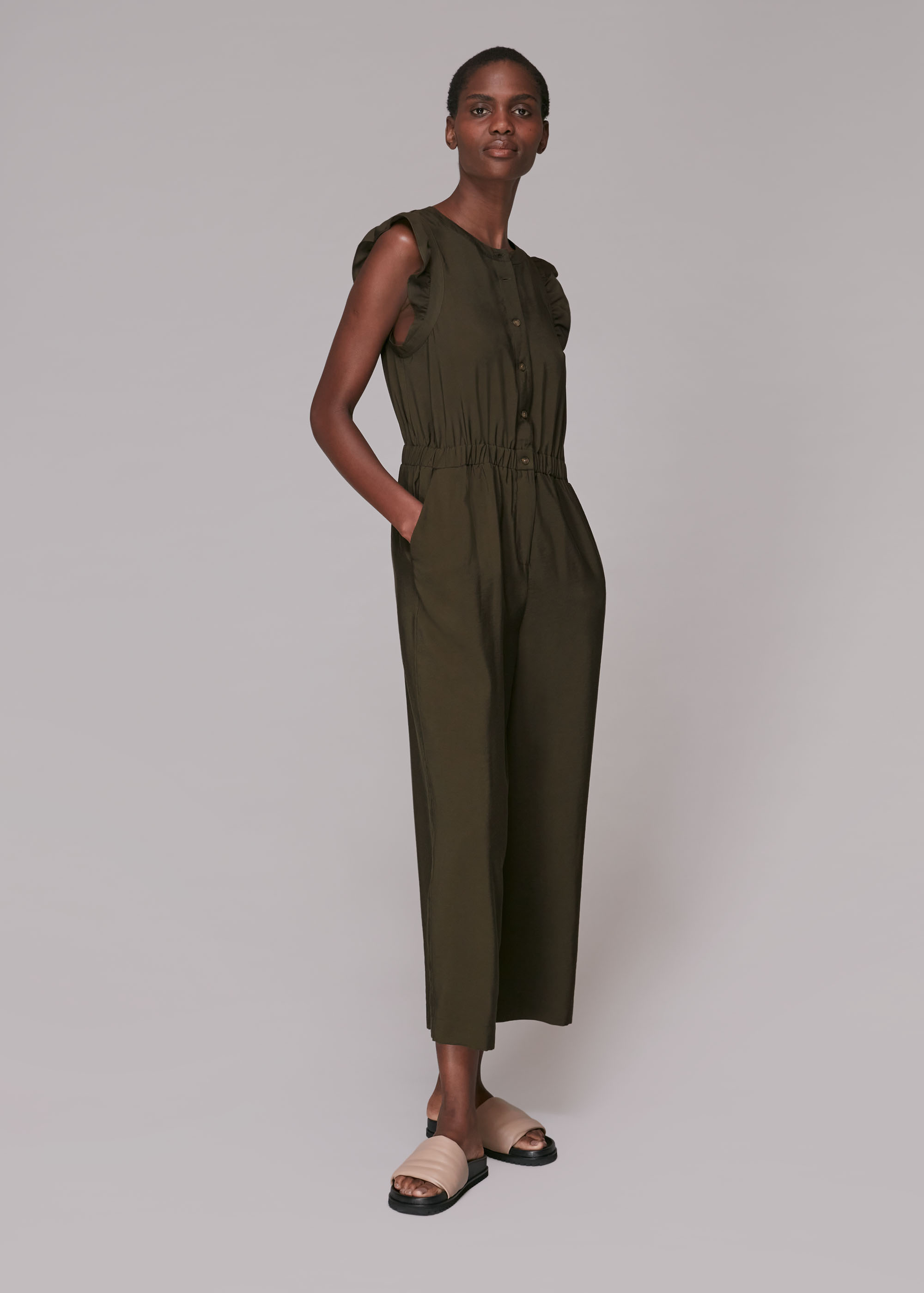 Whistles Women's Khaki Frill Sleeve Button Jumpsuit Size 16