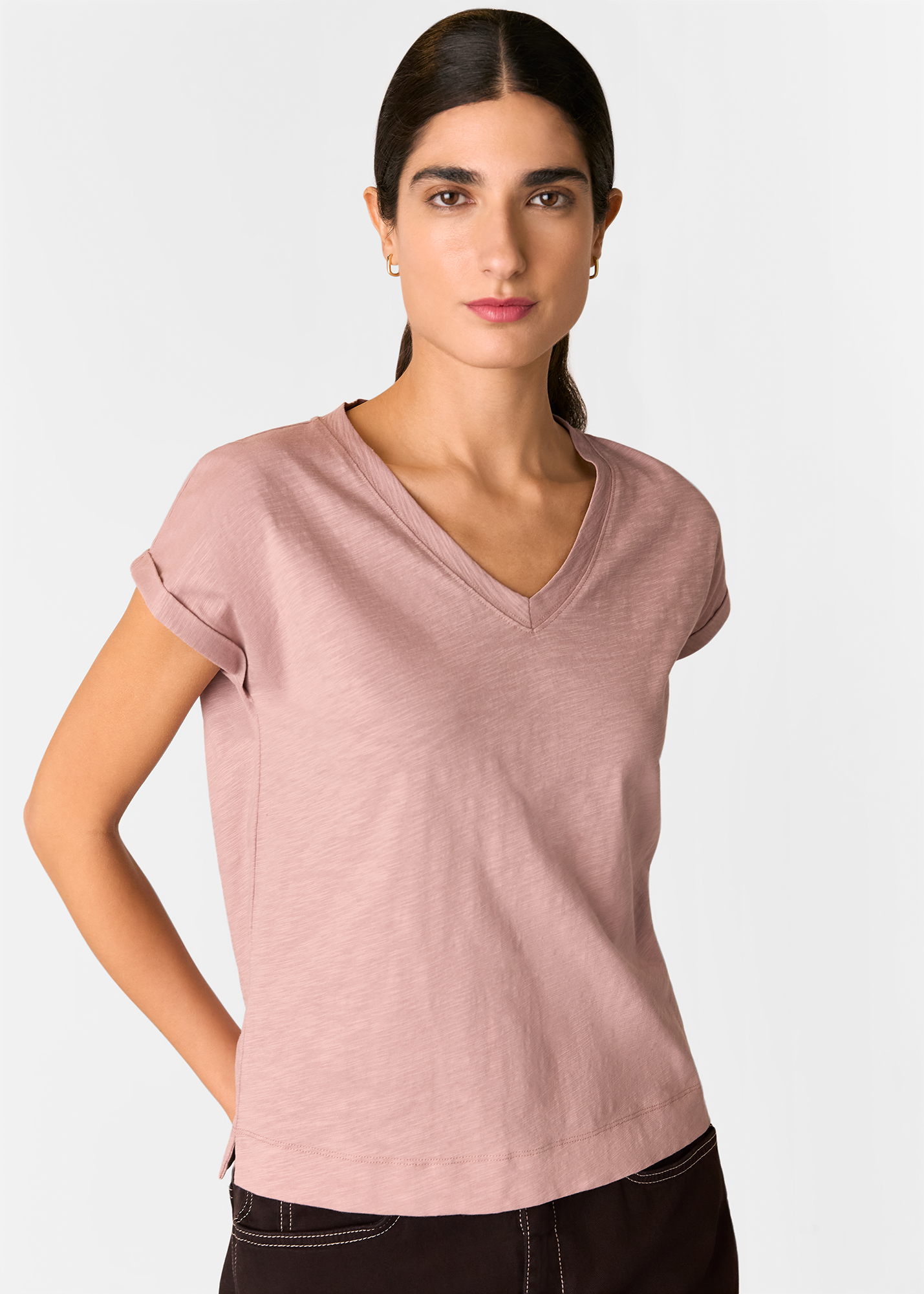 Whistles Women's Dusty Pink Willa V-Neck Cap Sleeve Tee Size L