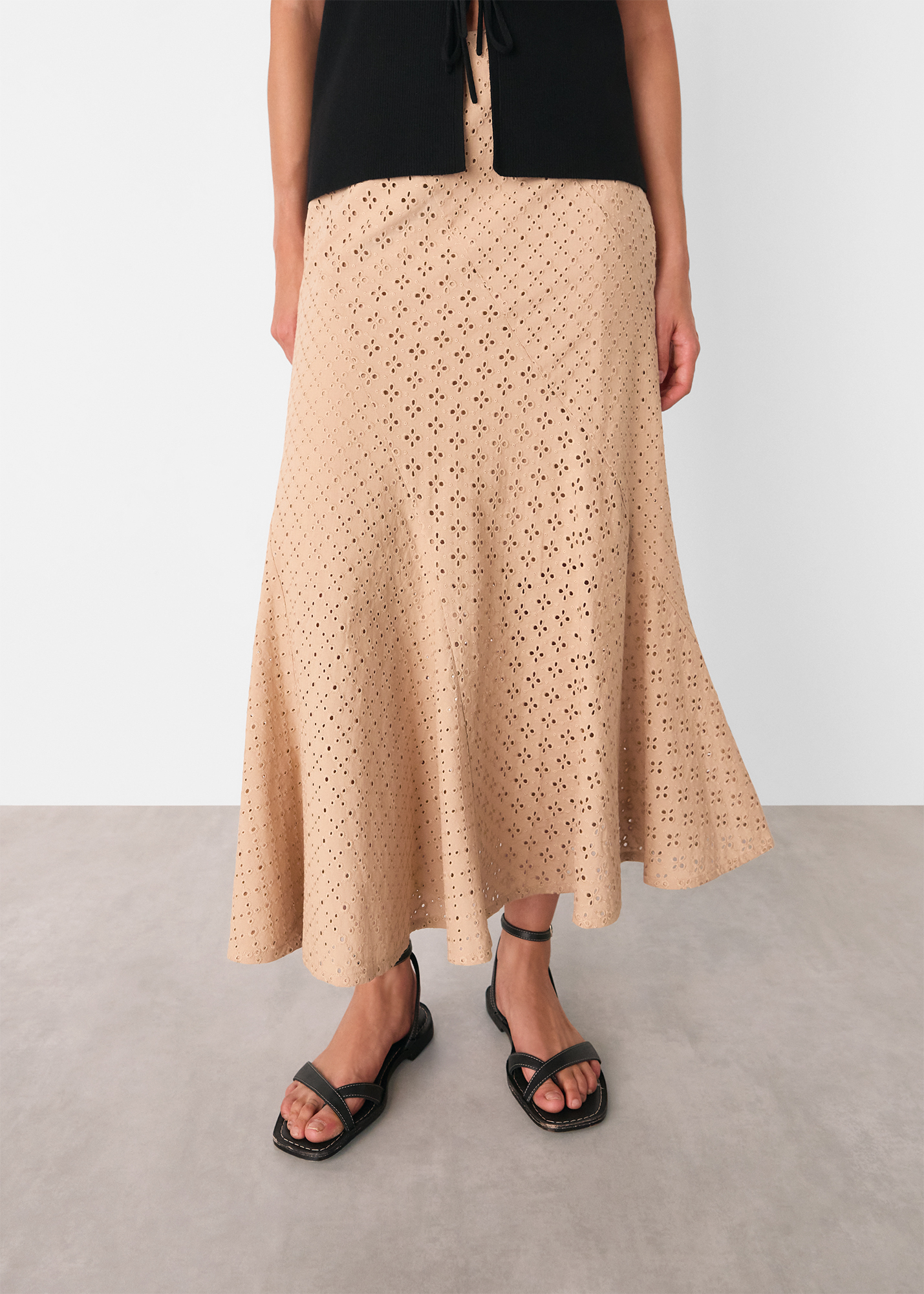 Whistles Women's Camel Cotton Broderie Midi Skirt Size 6