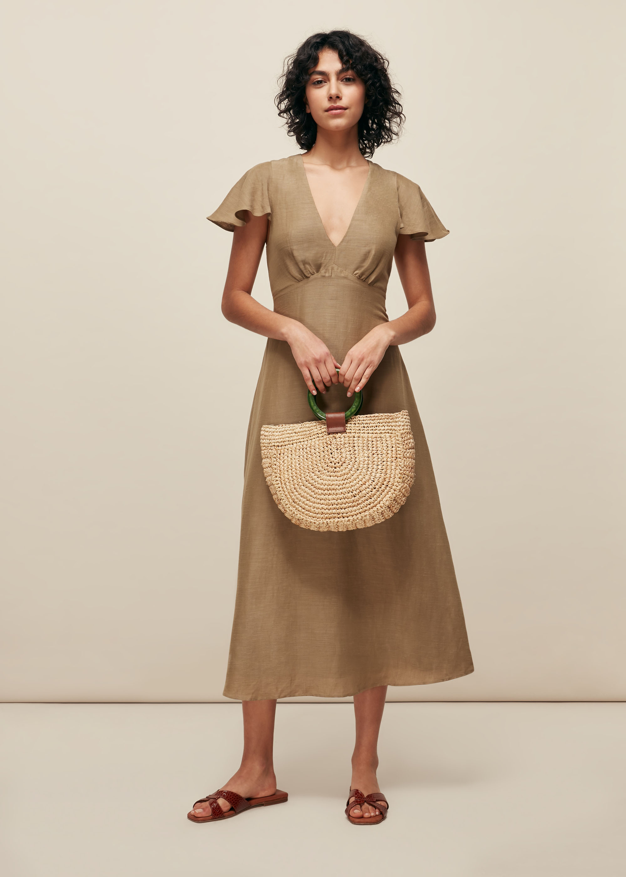 Whistles Women's Khaki Frill Sleeve Midi Dress Size 6