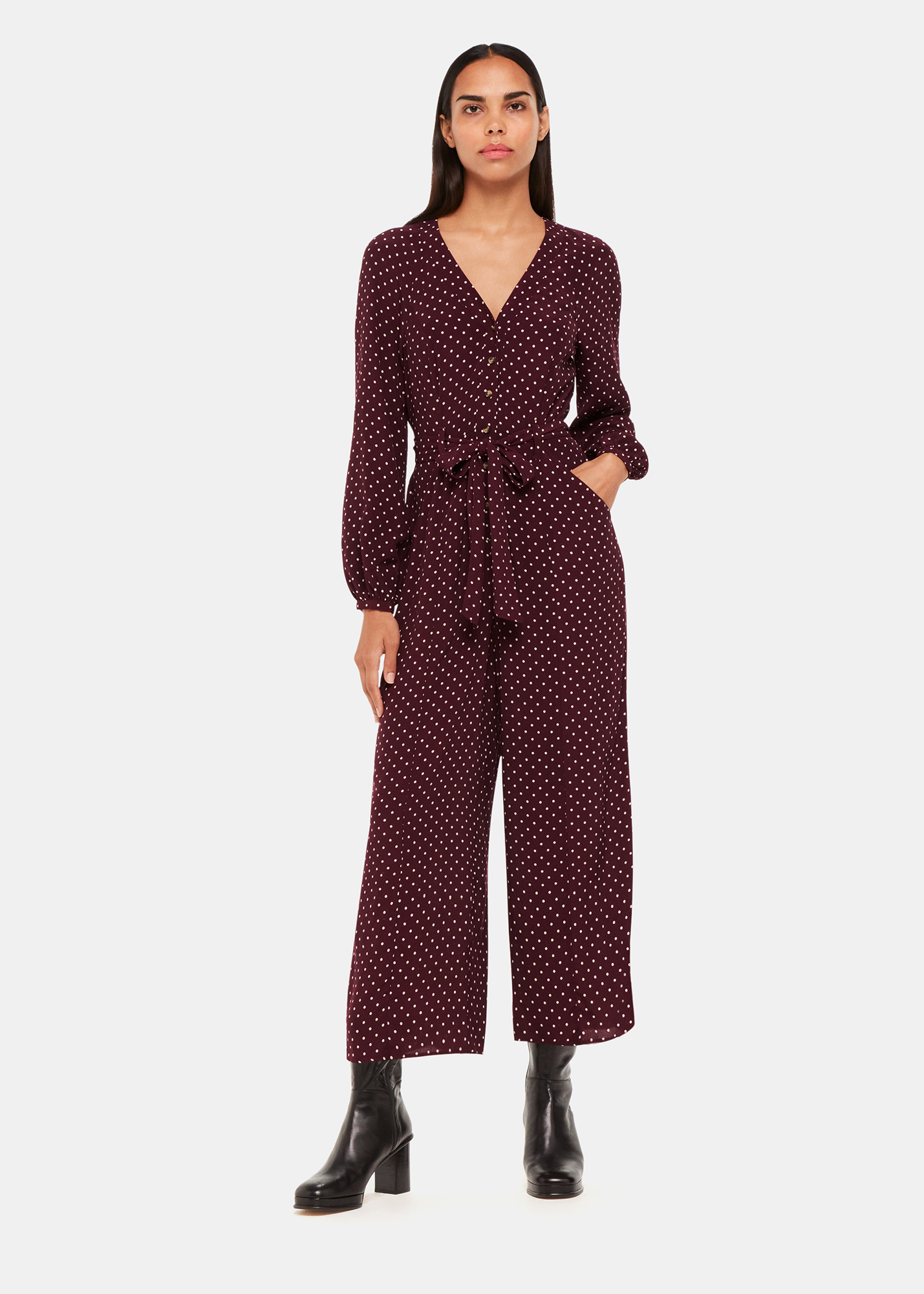 Whistles Women's Burgundy/Multi Lottie Spot Print Jumpsuit Size 16