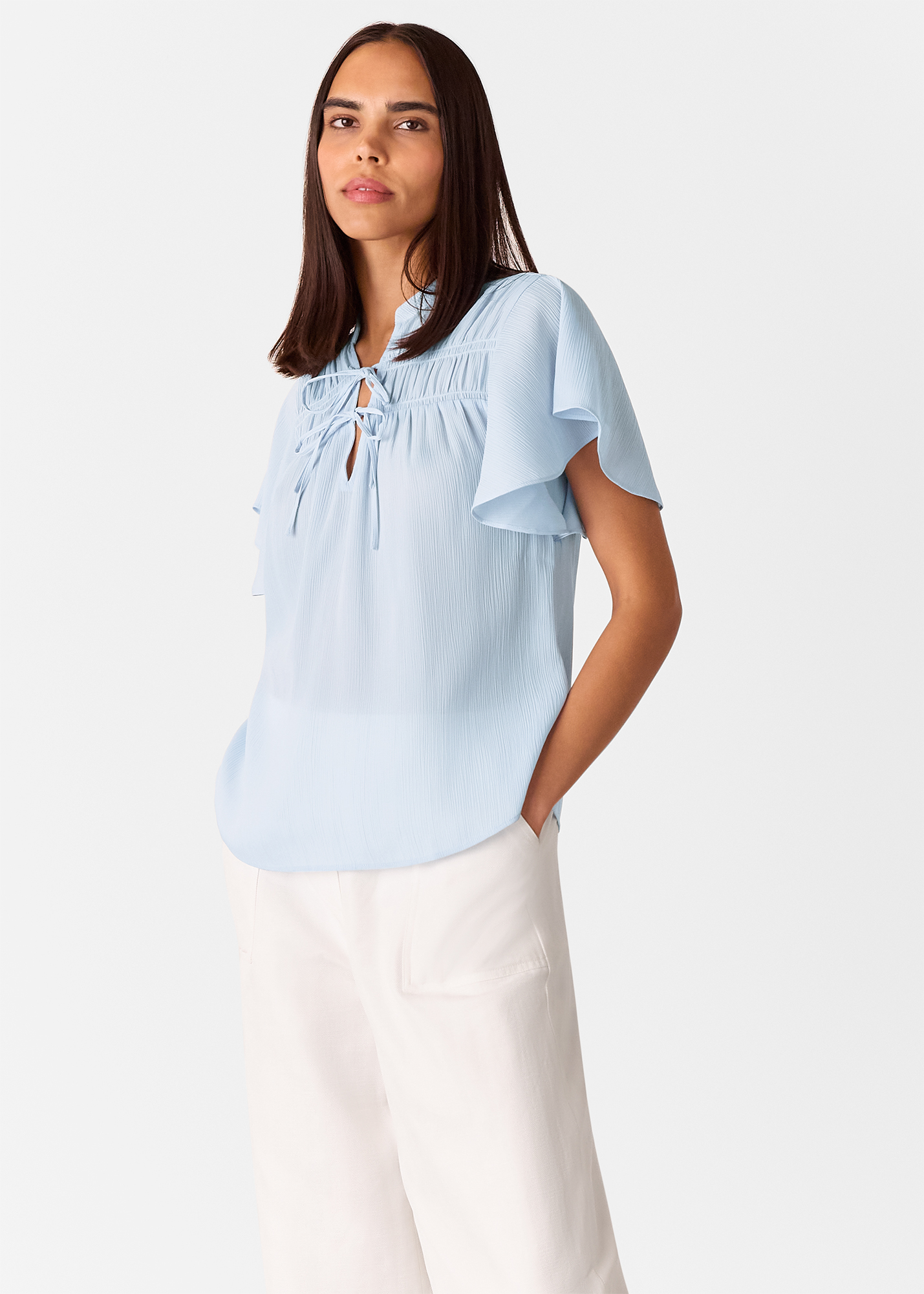 Whistles Women's Pale Blue Frill Sleeve Tie Front Blouse Size 18