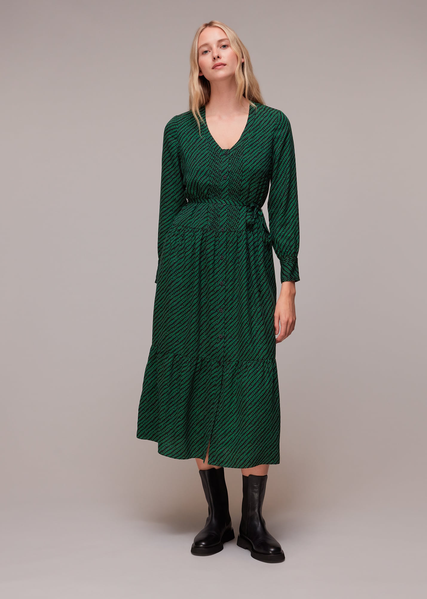 Whistles Women's Green/Multi Diagonal Twist Midi Dress Size 8