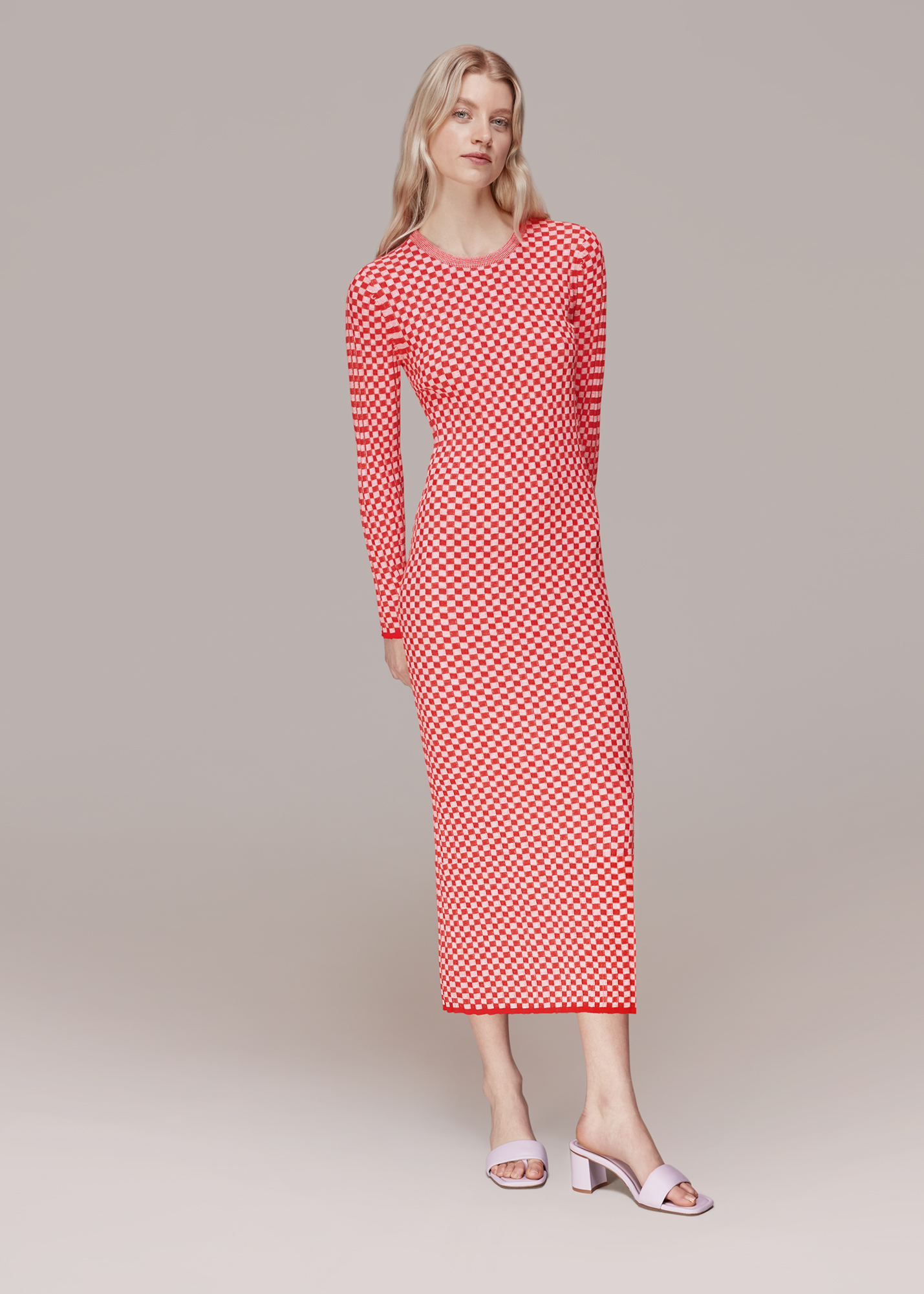 Whistles Women's Red/Multi Checkerboard Knit Midi Dress Size 18