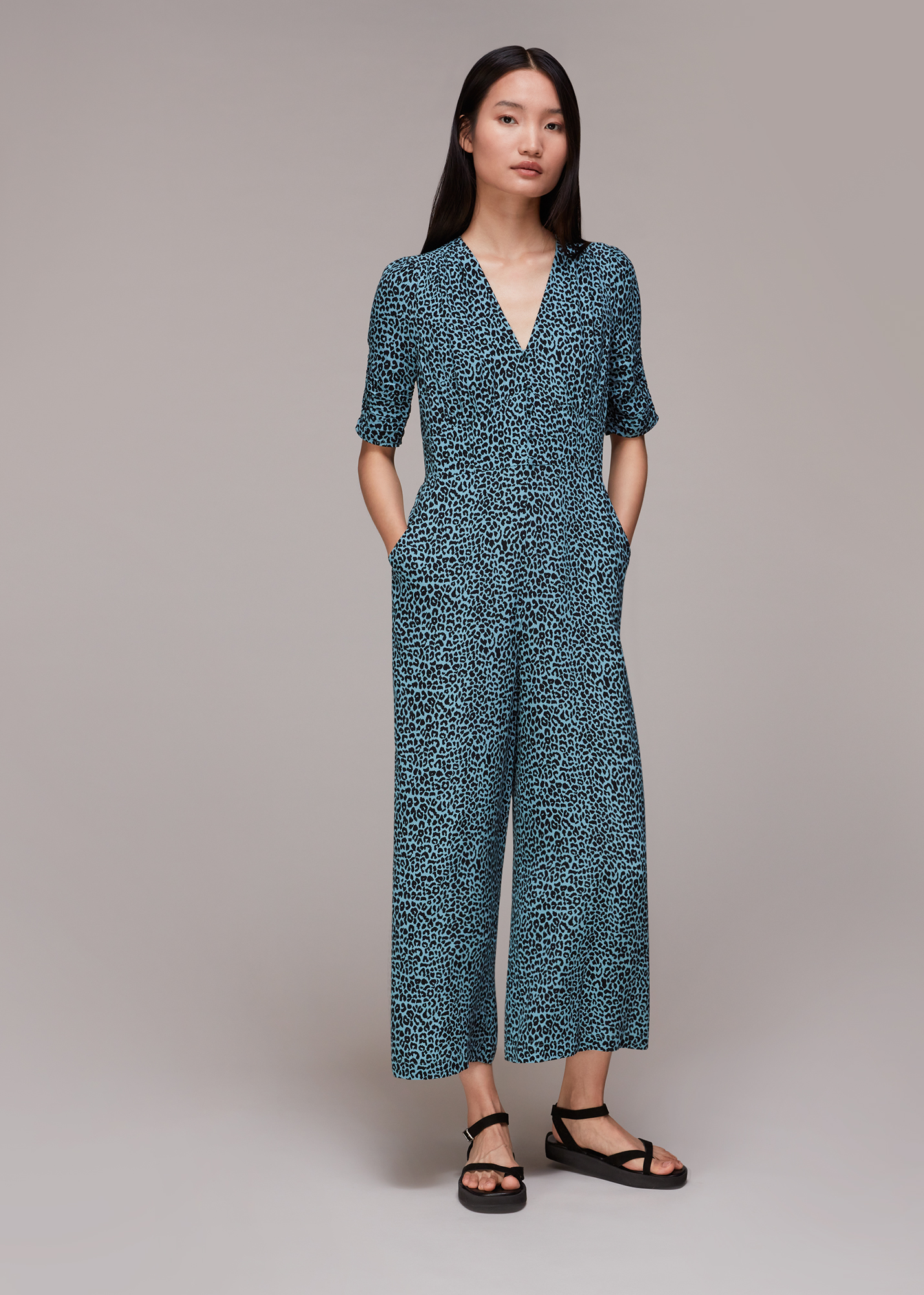Whistles Women's Blue/Multi Contrast Leopard Jumpsuit Size 6