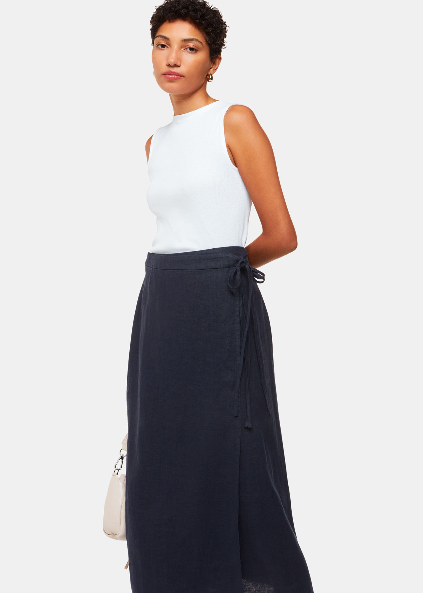 Whistles Women's Navy Linen Wrap Midi Skirt Size 18