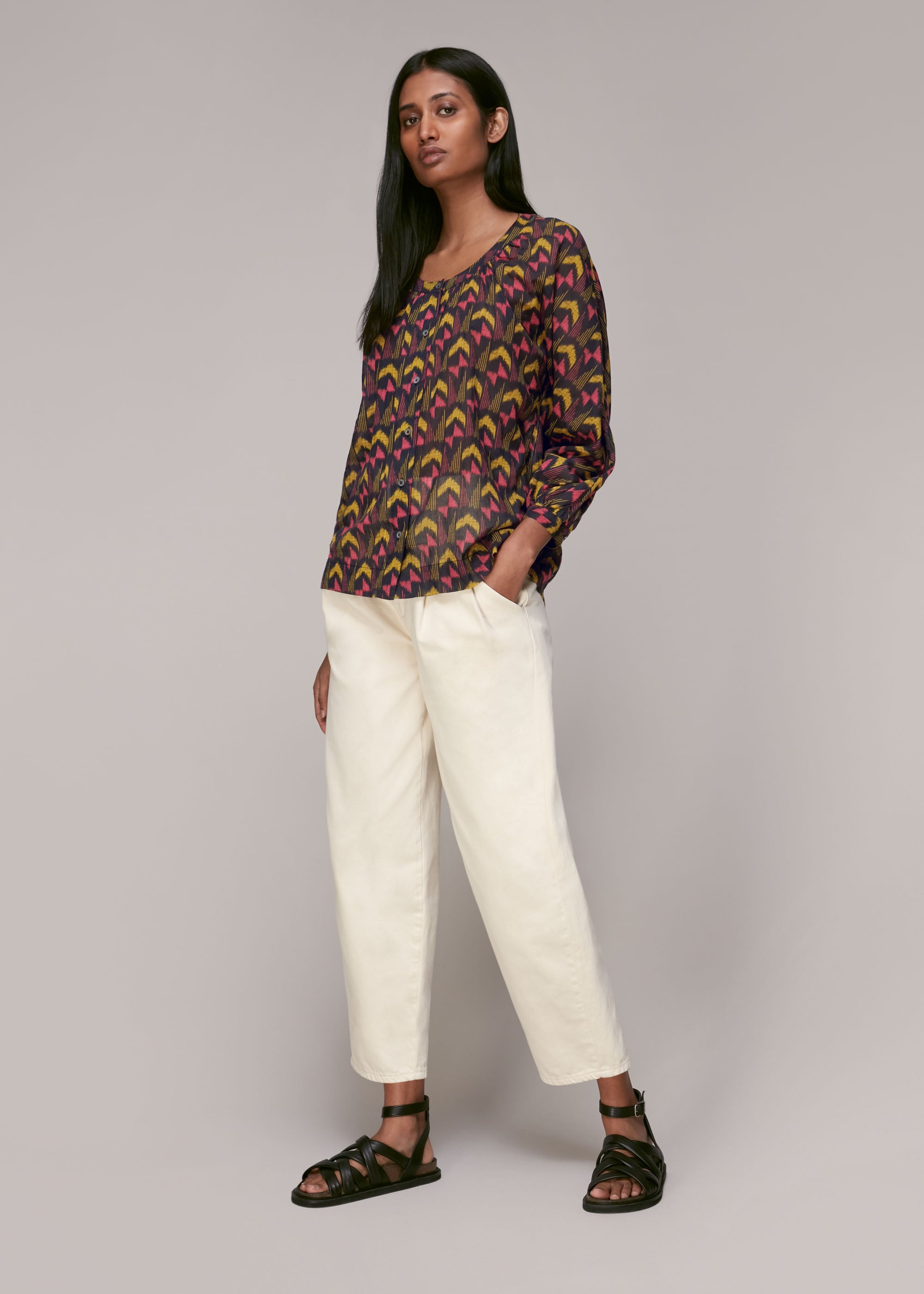 Whistles Women's Multicolour Geometric Ikat Voile Blouse Size 10