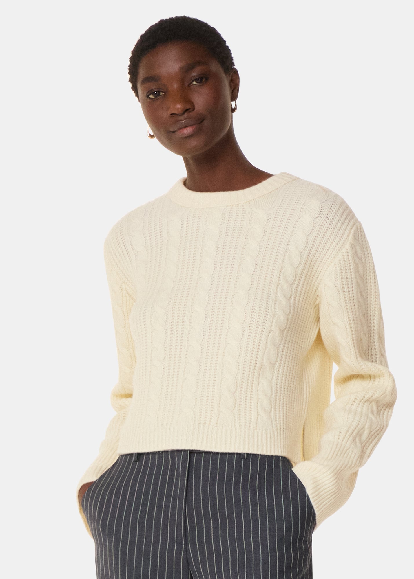 Whistles Women's Ivory Cable Detail Crew Neck Knit Size L