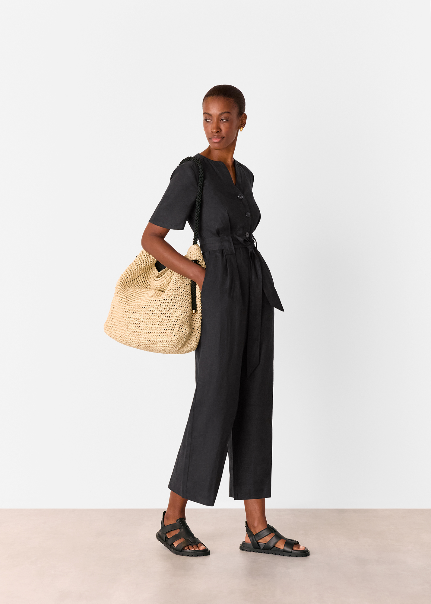 Whistles Women's Black Fiona Linen Button Jumpsuit Size 6