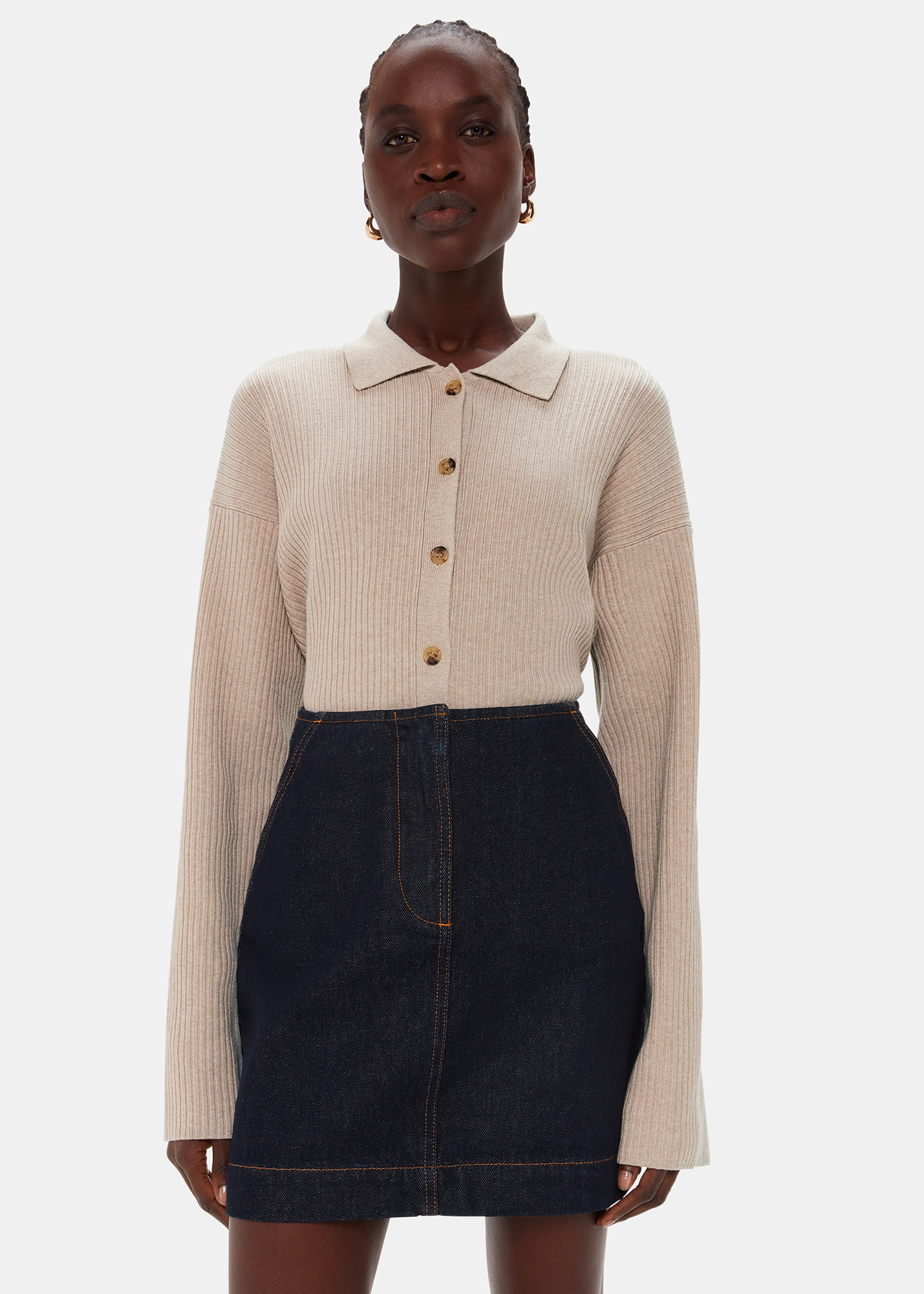 Whistles Women's Oatmeal Rib Collar Cardigan Size M