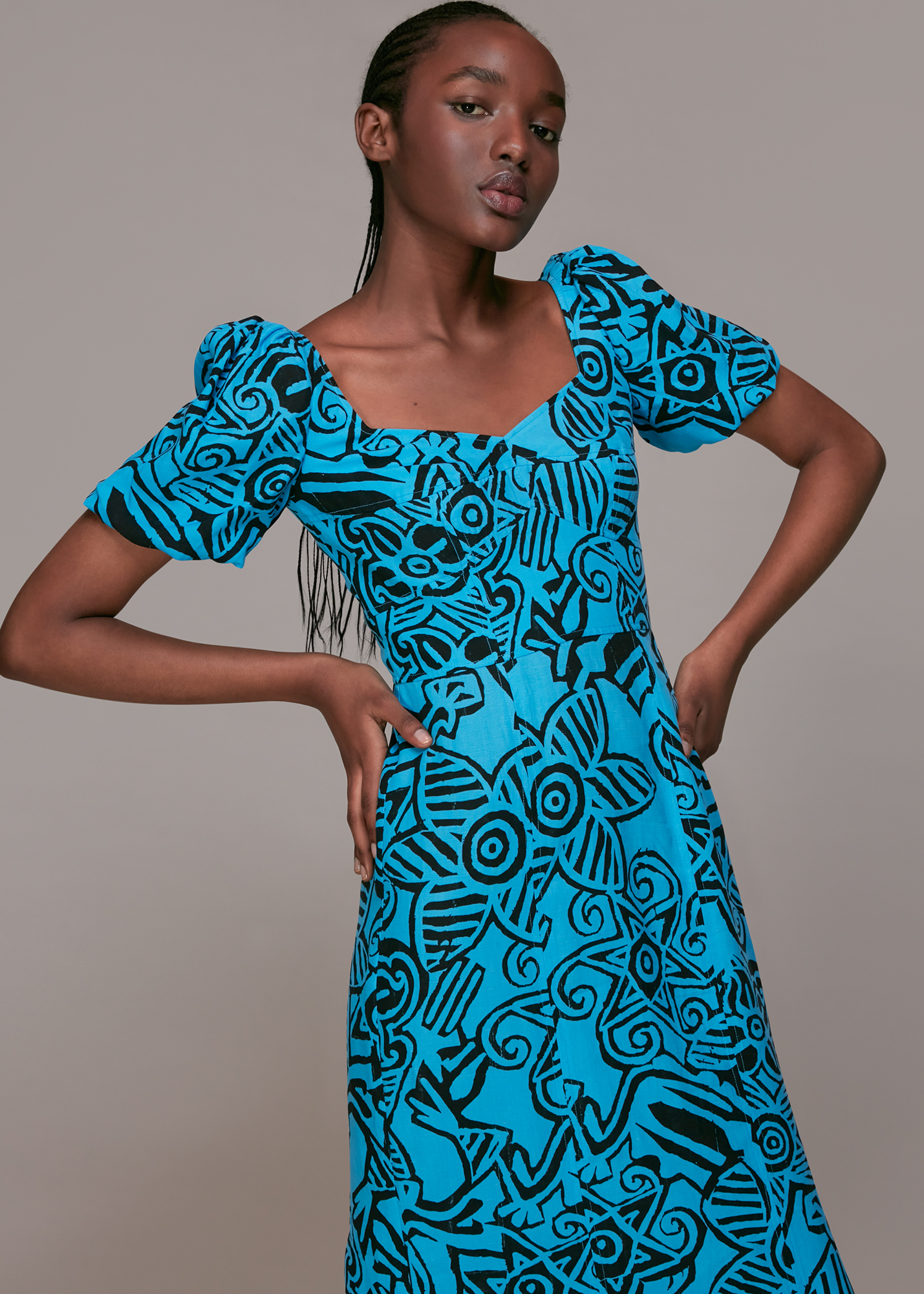 Whistles Women's Blue/Multi Starflower Puff Sleeve Dress Size 8