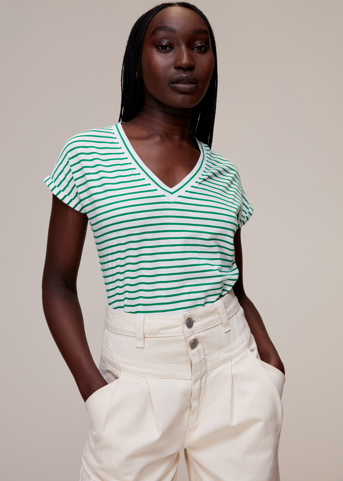 Whistles Women's Green/Multi Willa Stripe V Neck Tee Size XS