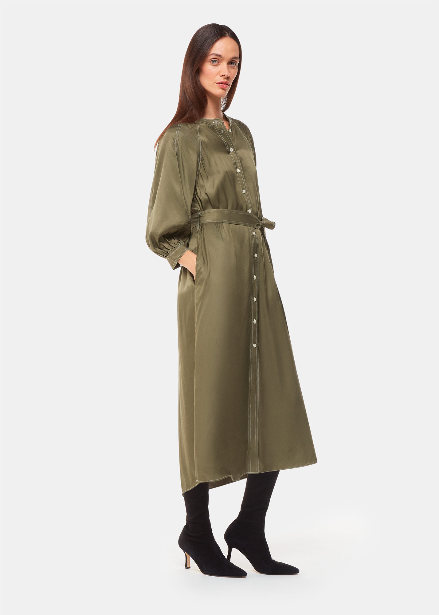 Whistles Women's Khaki Mabel Topstitch Dress Size 18