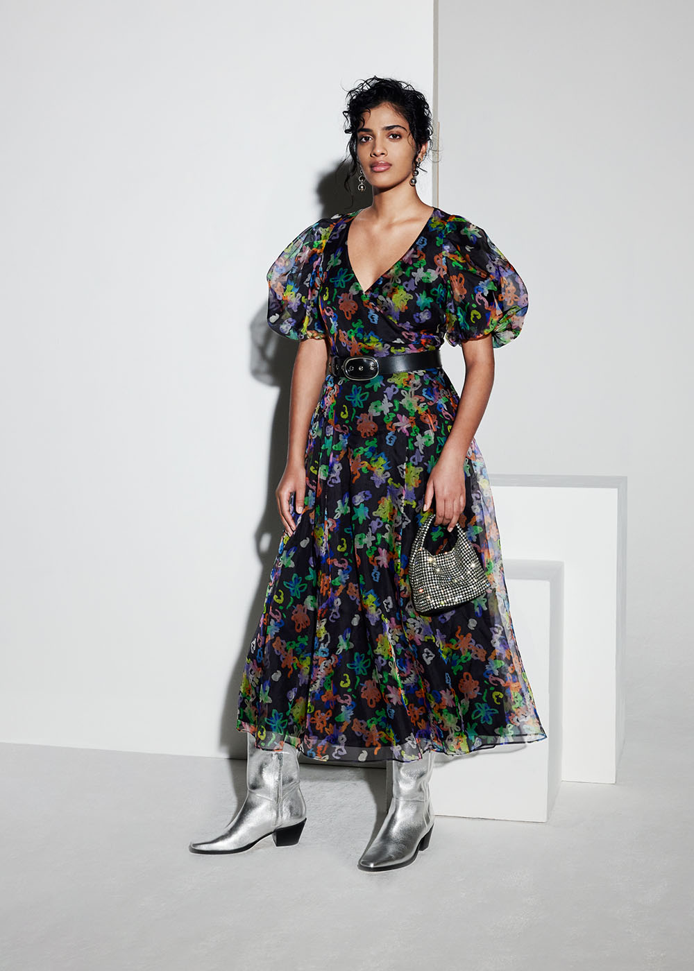 Whistles Women's Black/Multi Scribble Organza Silk Dress Size 16