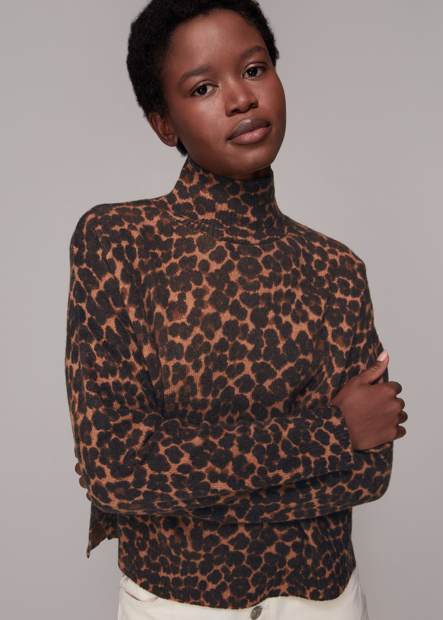 Whistles Women's Leopard Print Smudge Animal Wool Split Knit Size S