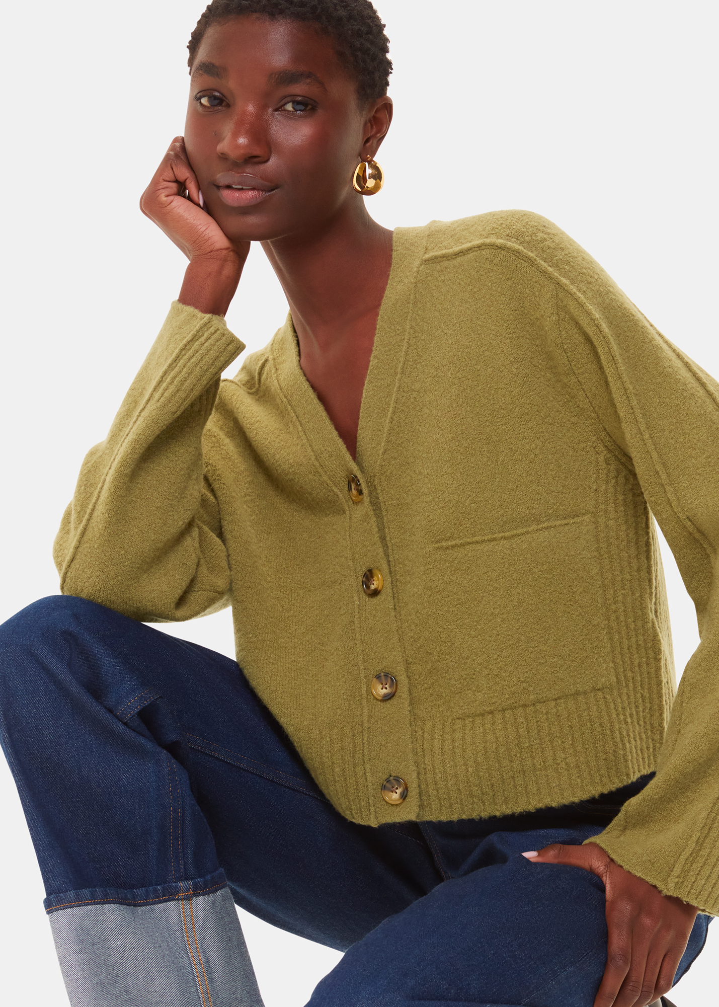 Whistles Women's Sage Green Wool Mix Pocket Cardigan Size XL