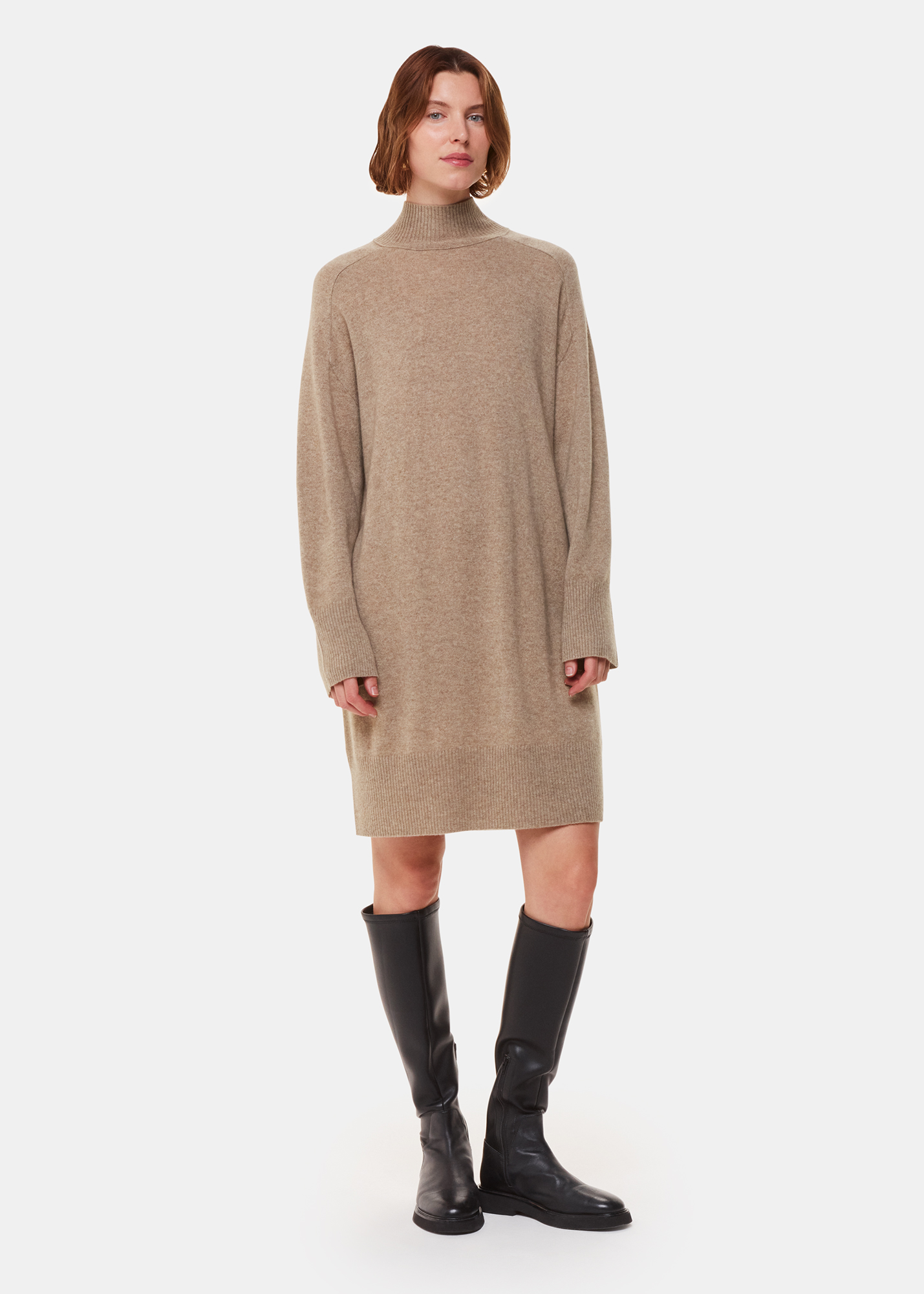 Whistles Women's Oatmeal Cashmere Funnel Neck Dress Size M