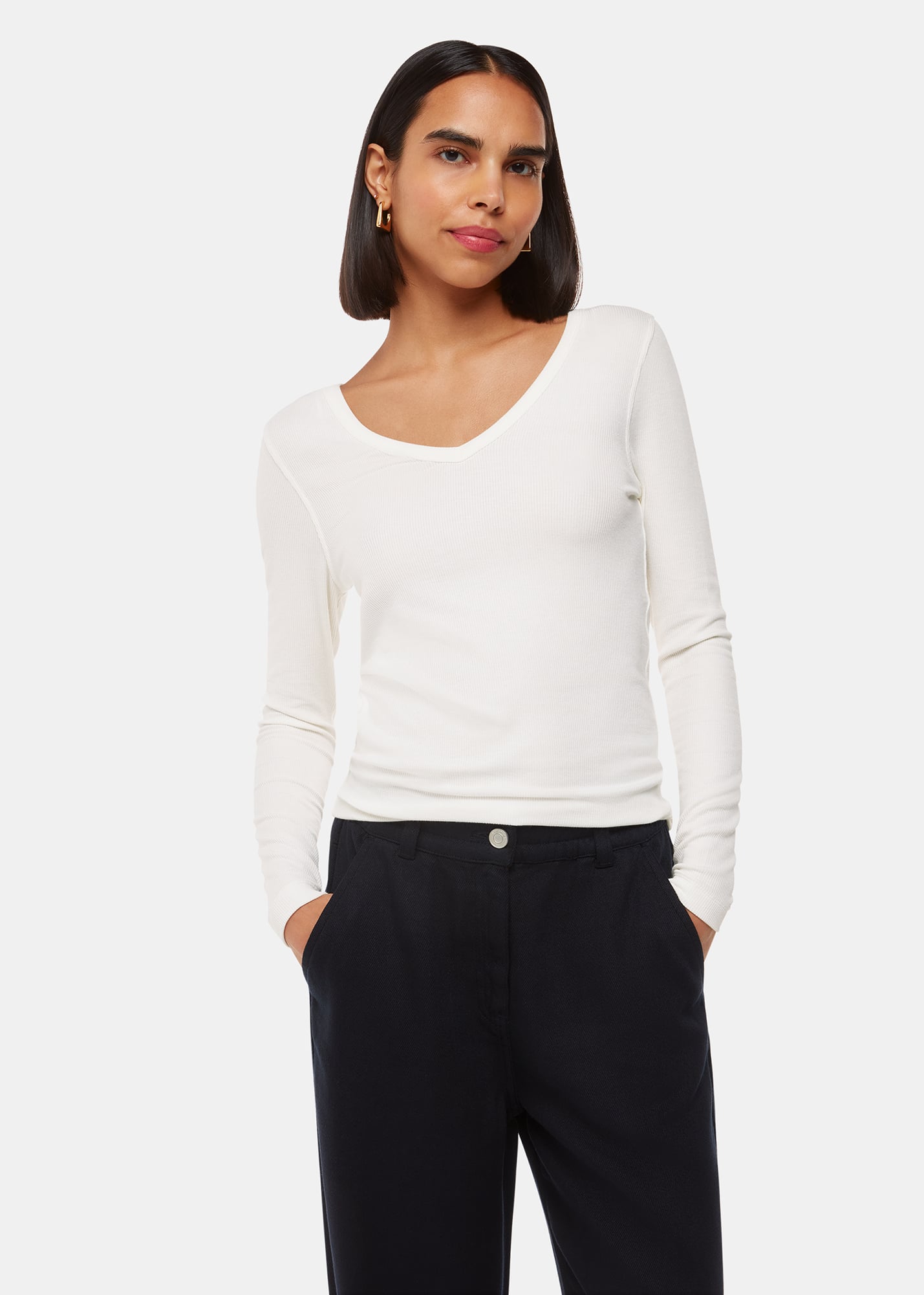 Whistles Women's Ivory Essential Ribbed V Neck Size 14