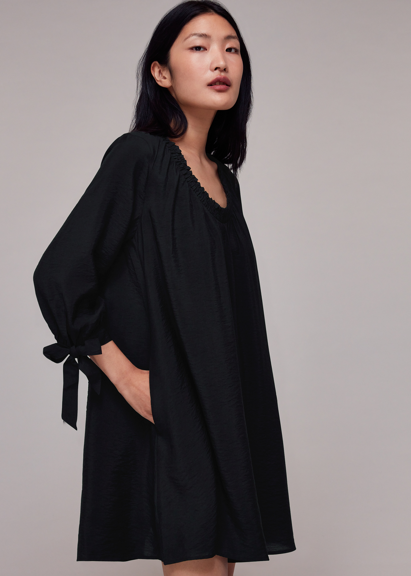 Whistles Women's Black Lydia Gathered Trapeze Dress Size 8