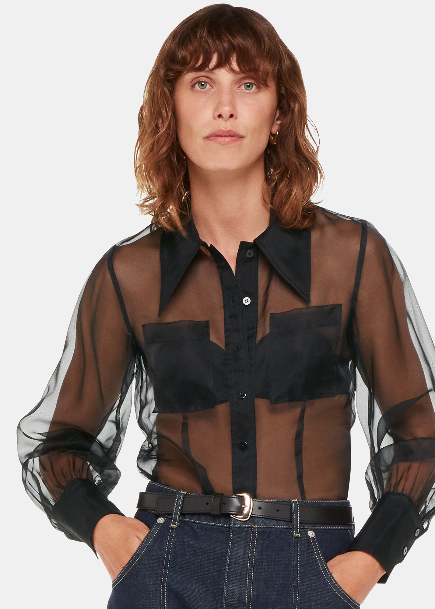 Whistles Women's Black Penelope Silk Organza Shirt Size 18