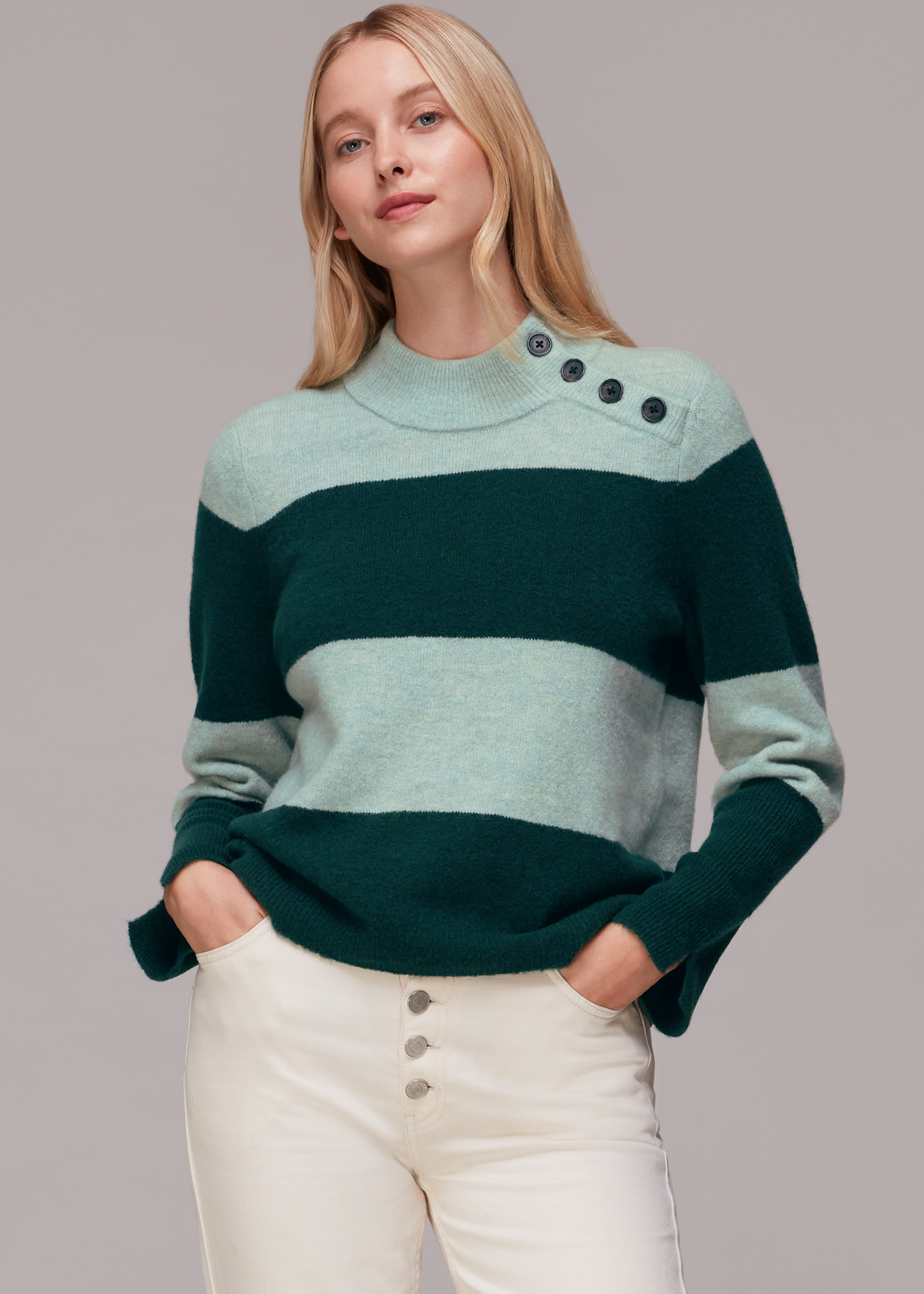 Whistles Women's Green/Multi Stripe Button Neck Jumper Size XS