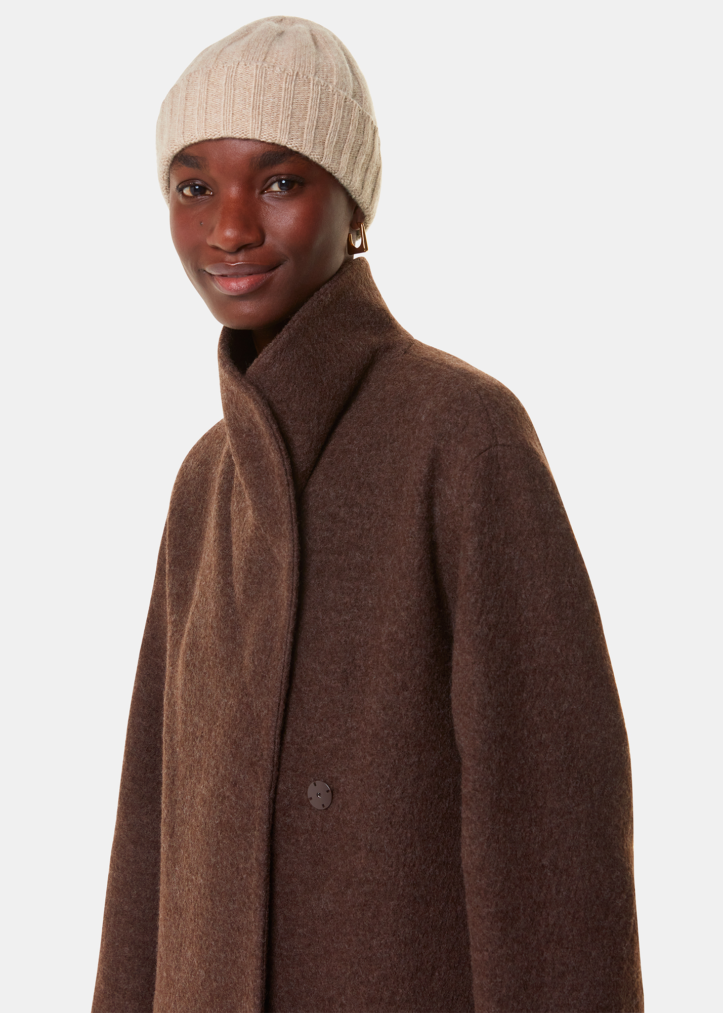 Whistles Women's Taupe Cashmere Wool Blend Hat 