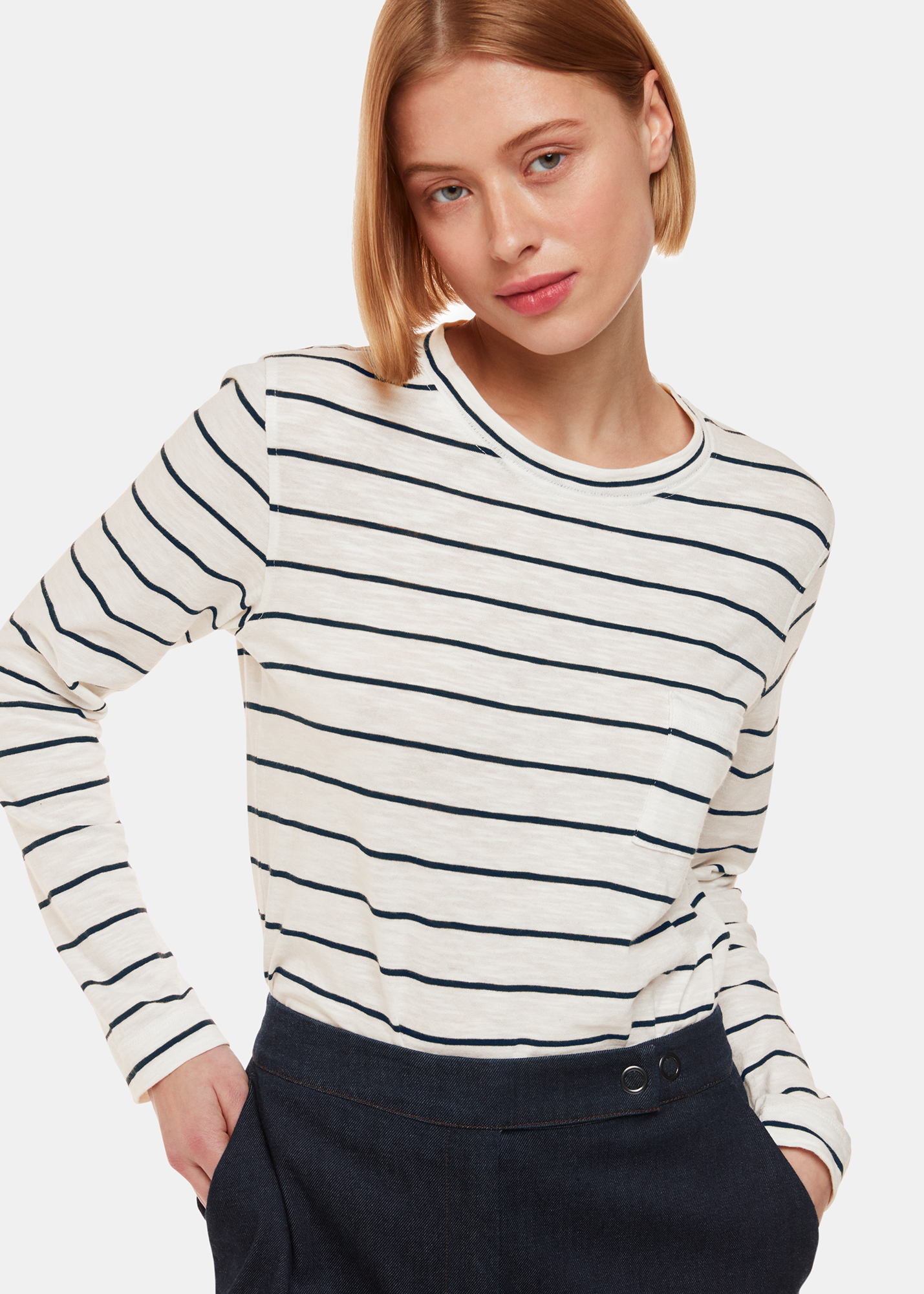 Whistles Women's Ivory/Multi Stripe Crew Neck Pocket Top Size 14