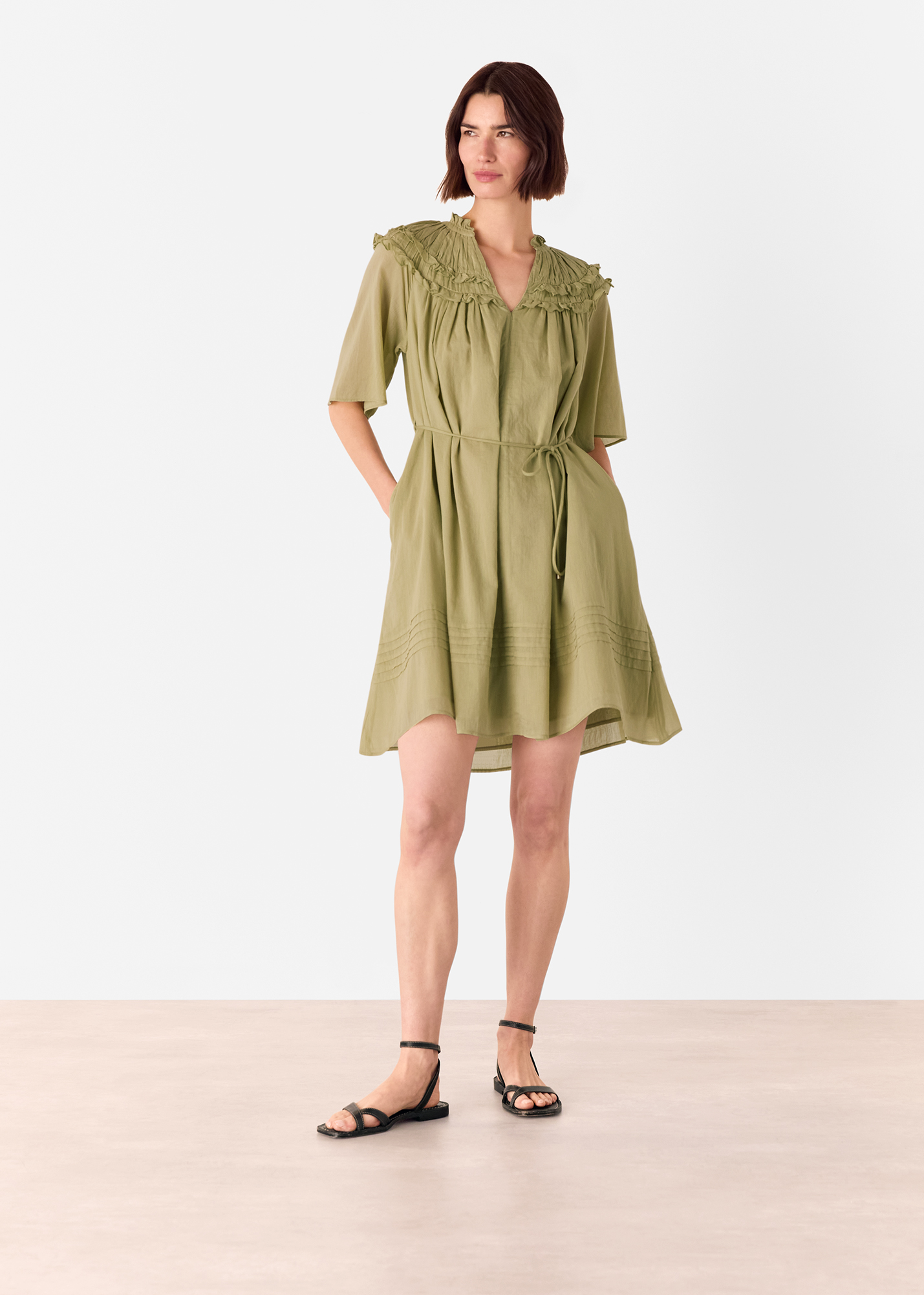 Whistles Women's Khaki Cotton Frill Mini Dress Size 6